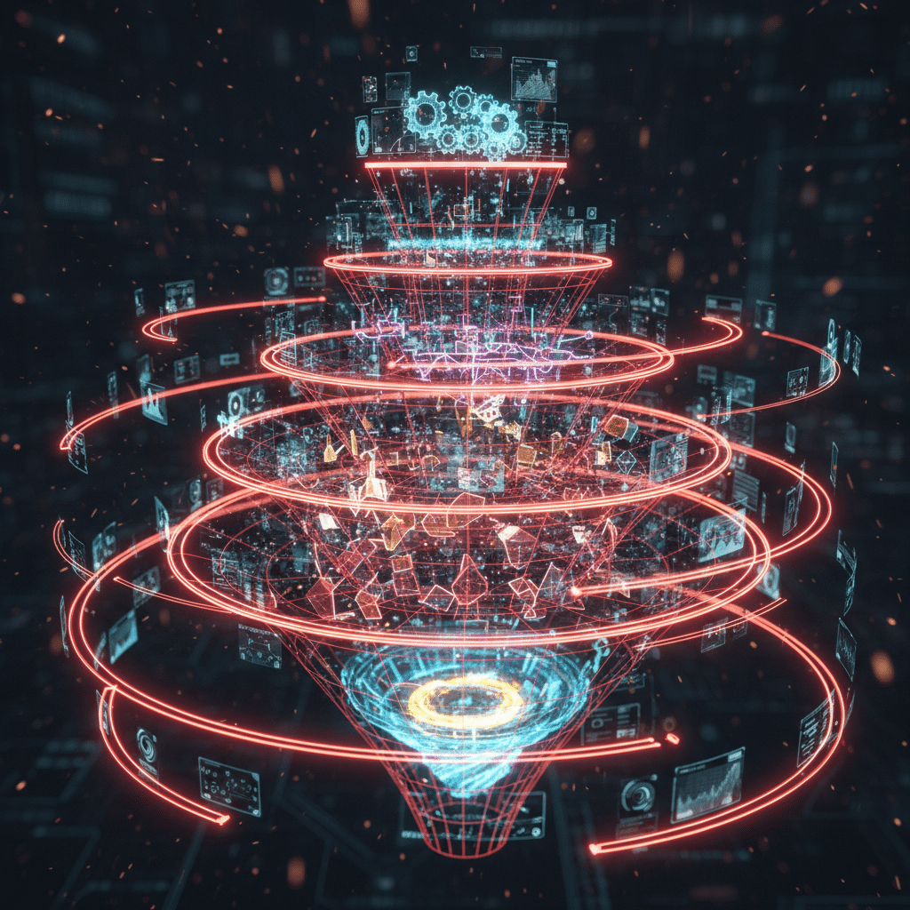 Floating funnel-shaped wireframe structure with five distinct levels, each tier containing different holographic elements like gears, connection nodes and data fragments, side perspective view, glowing pathways spiraling around the funnel, dark tech background, red-orange neon illumination with particle effects, floating mini charts orbiting the structure, depth of field focus on center, Blade Runner interface style