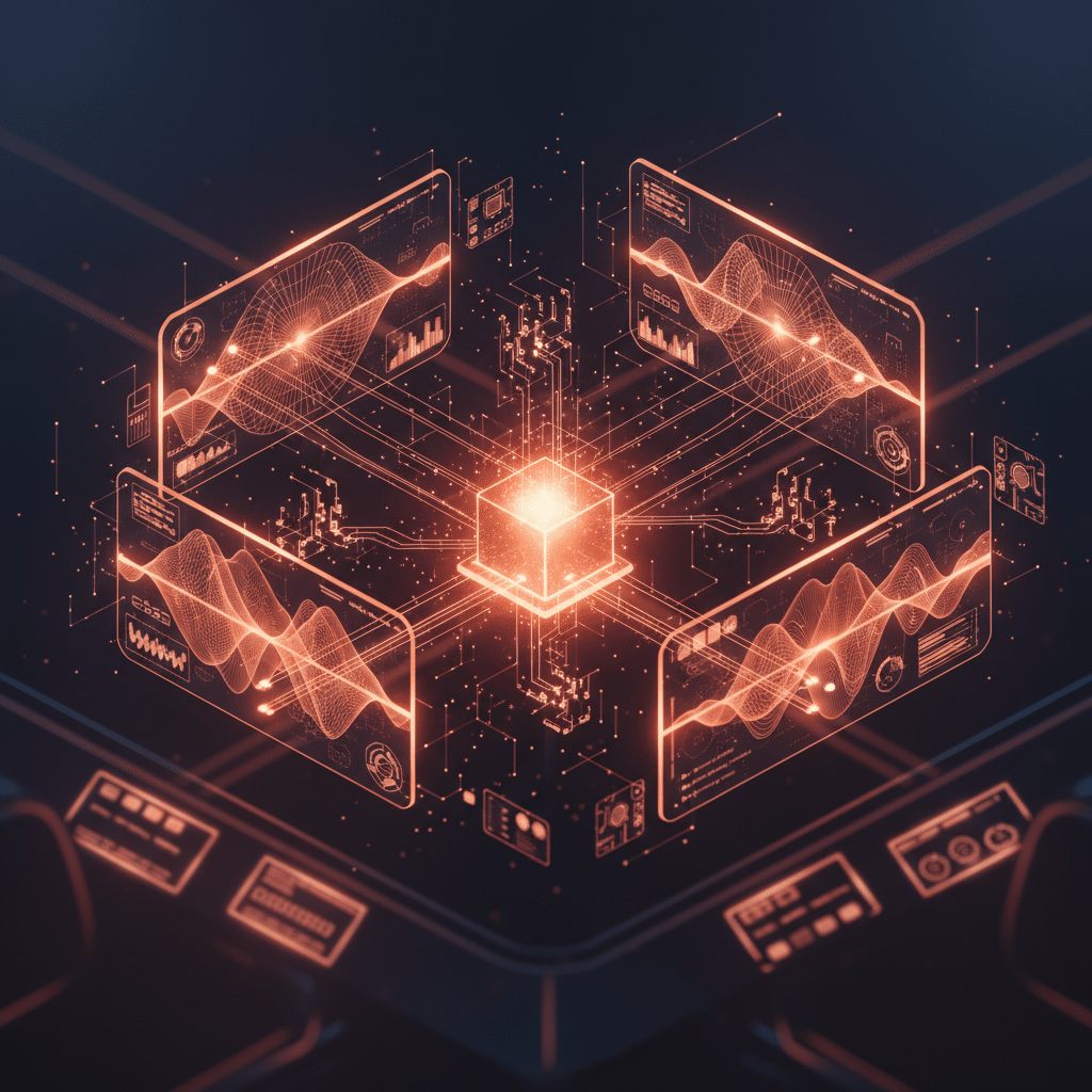 Central dashboard cube with multiple floating screen panels radiating outward, behavioral pattern visualizations as wireframe waves and nodes, close-up isometric angle, pulsing light connections between data points, dark gradient backdrop, holographic red-orange glow with bloom effects, scattered light particles and circuit elements, foreground blur effect, futuristic HUD visualization style