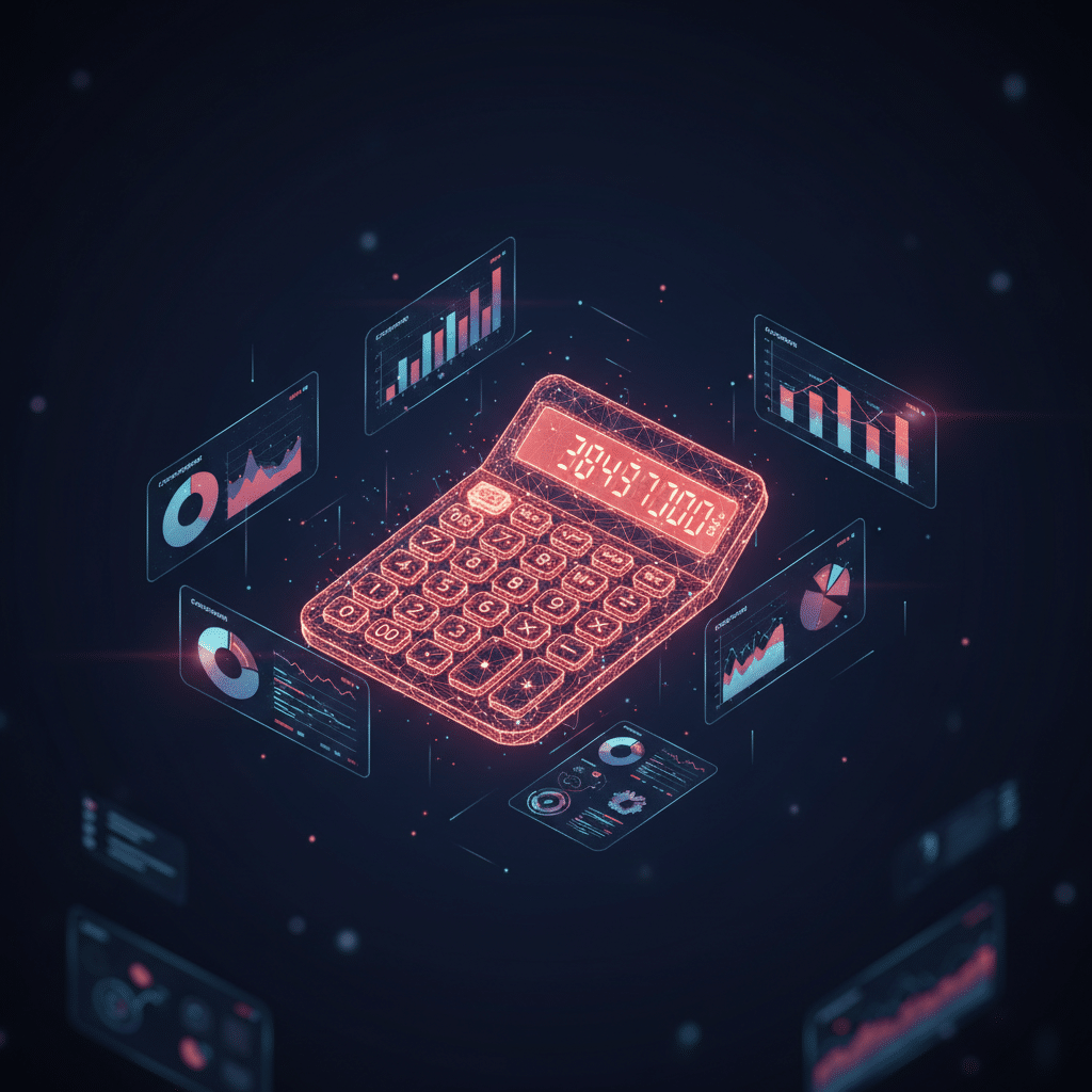 3D holographic wireframe dashboard floating in isometric perspective, dark gradient background (#050a14 to #0a1628), central glowing calculator object rendered in red-orange neon (#E8472A to #FF6B35), surrounded by floating comparison charts and data visualization panels, particle effects and light bloom, depth of field with blurred foreground elements, scattered light dots, futuristic tech hologram style