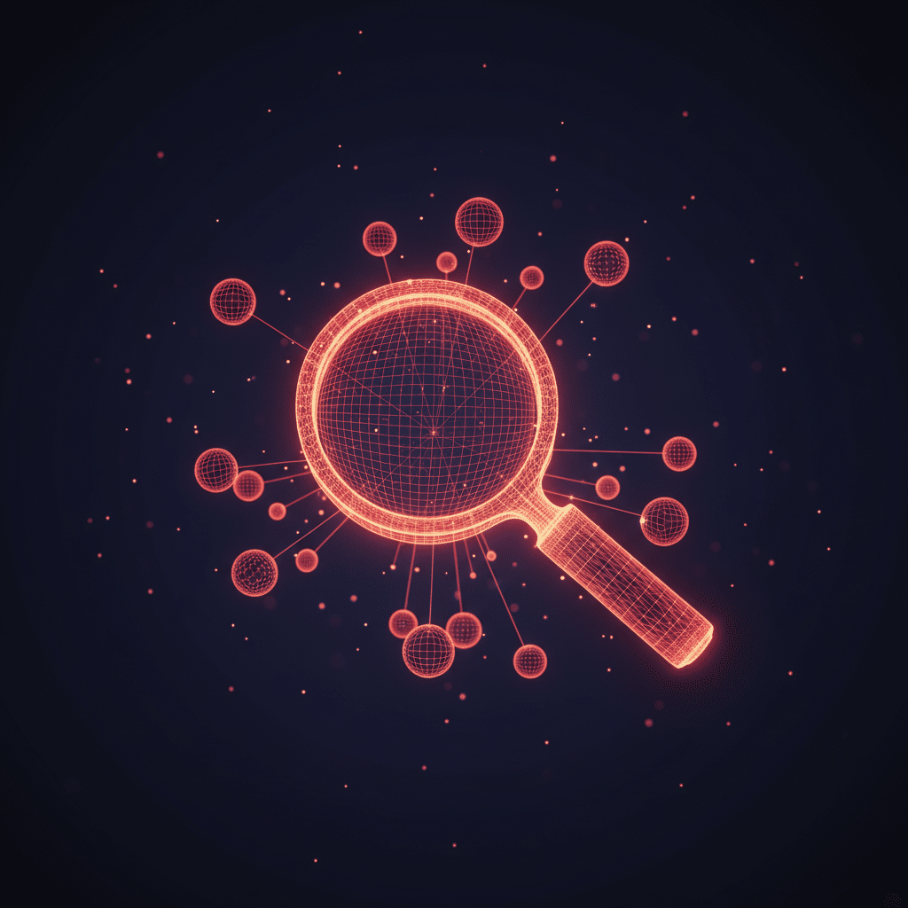 3D holographic wireframe magnifying glass as central object, isometric view, dark background gradient, glowing red-orange neon wireframe (#E8472A to #FF6B35), floating performance indicator nodes and channel connection lines surrounding the magnifying glass, subtle particle effects, light bloom, depth of field blur, scattered luminous dots, futuristic HUD interface style
