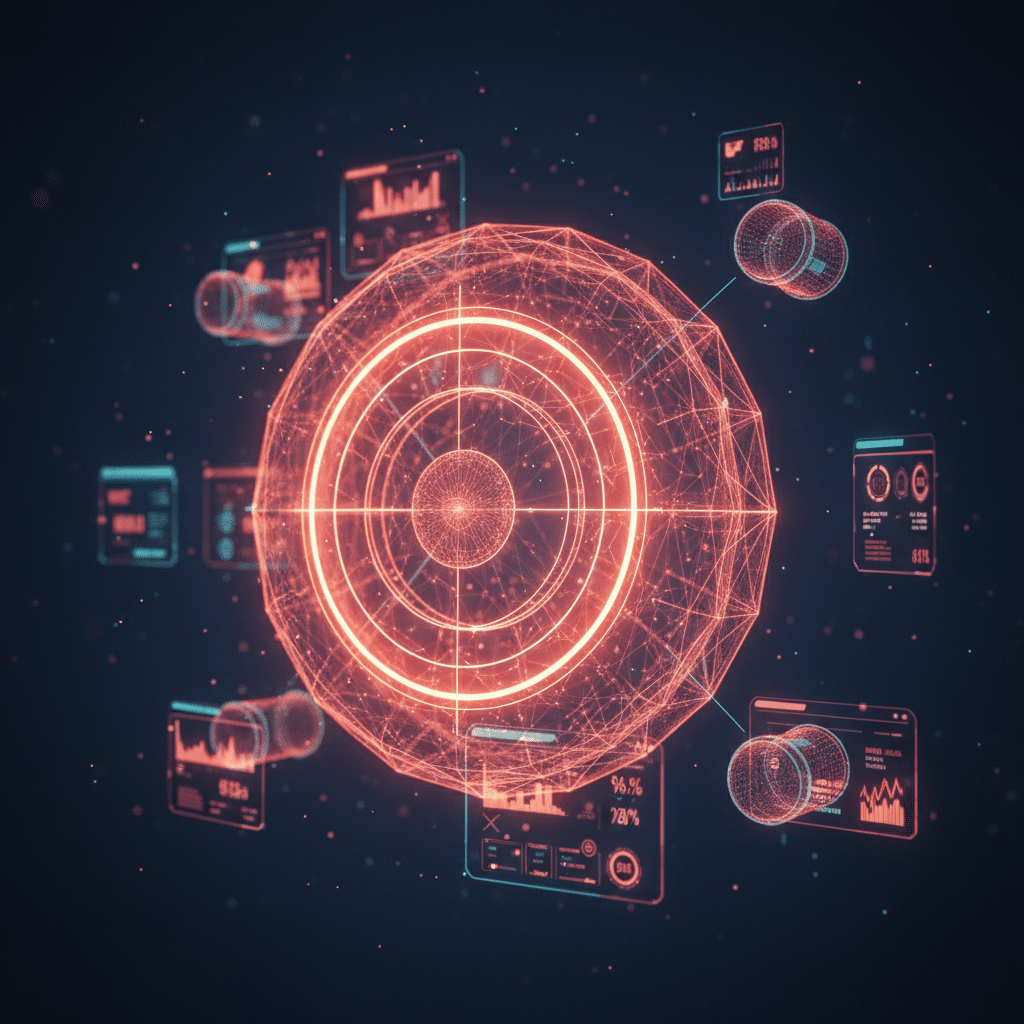 3D holographic wireframe target bullseye as central object, side view angle, dark background gradient, glowing red-orange neon wireframe (#E8472A to #FF6B35), floating platform interface panels and bidding adjustment nodes surrounding target, light bloom effects, scattered particles, depth of field blur, futuristic hologram interface style