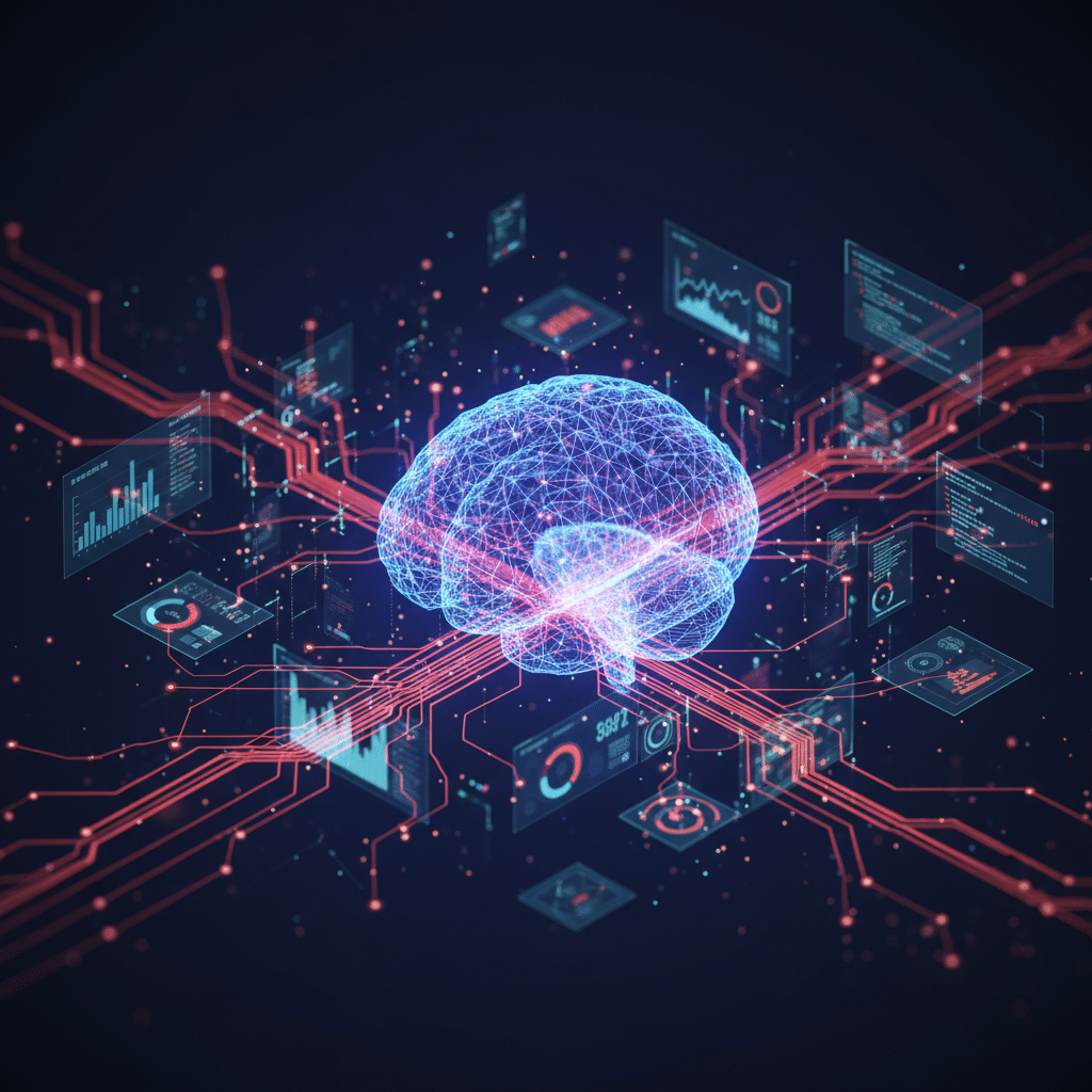 3D holographic wireframe brain as central object, close-up isometric perspective, dark gradient background (#050a14 to #0a1628), neural network connections extending outward in red-orange neon (#E8472A to #FF6B35), floating real-time data nodes and performance monitoring elements, particle effects, light bloom, depth of field, futuristic tech hologram visualization