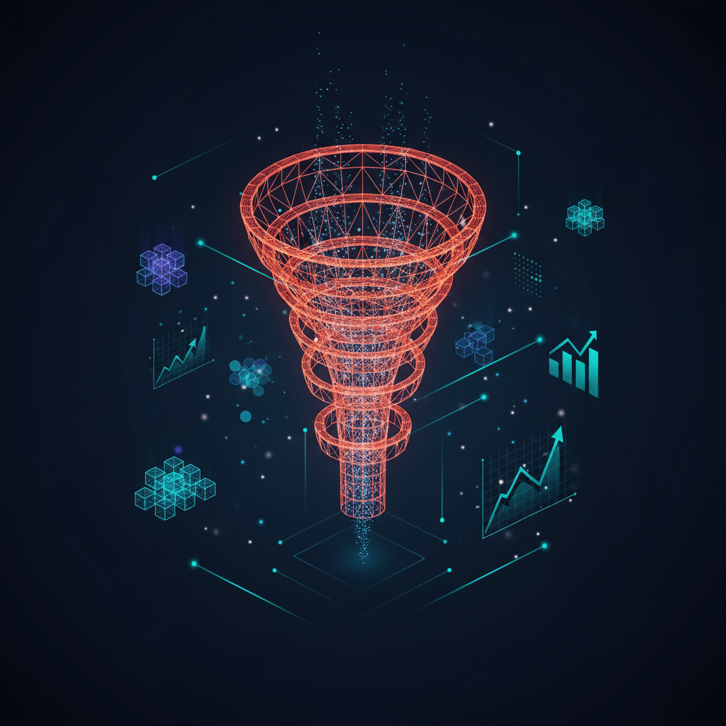 3D holographic funnel floating in center, glowing red-orange wireframe (#E8472A to #FF6B35), dark gradient background (#050a14 to #0a1628). Five distinct wireframe levels with particle flows between stages. Surrounding floating elements: data nodes, mini growth charts, connection traces. Isometric perspective with depth of field blur on foreground particles. Neon bloom effects and scattered light dots. Futuristic tech visualization style.