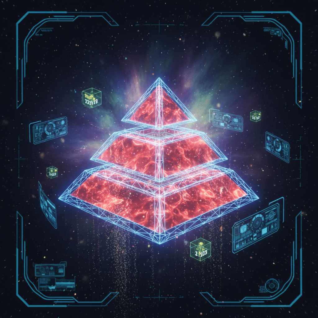 Wireframe pyramid structure in center, three distinct glowing tiers with red-orange holographic material. Dark space background with gradient lighting. Floating dashboard panels, metric cubes, and circuit nodes orbiting the pyramid. Top-down perspective with particle effects cascading down levels. Light bloom on edges, scattered luminous dots throughout scene. Iron Man HUD aesthetic with depth of field blur.