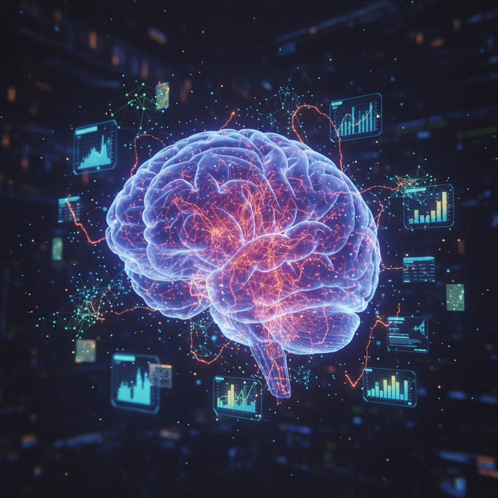 Large holographic brain floating centrally, intricate wireframe neurons glowing in red-orange gradient. Dark futuristic background with subtle lighting. Surrounding elements: floating data cards, mini bar charts, connection nodes forming neural networks. Close-up angled perspective with dramatic depth of field. Particle streams connecting brain segments, scattered light particles. Blade Runner interface style with neon bloom effects.