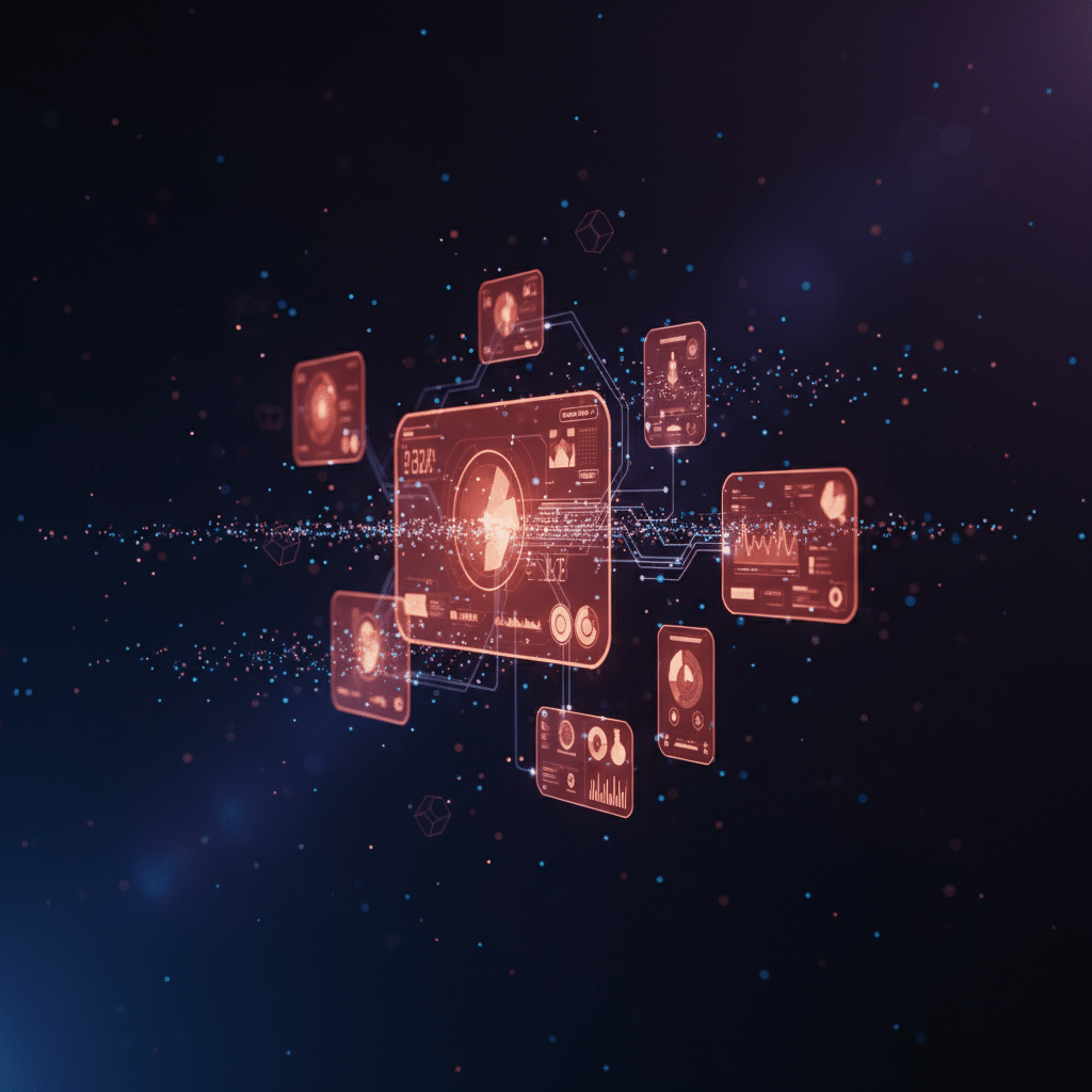 Central wireframe dashboard screen hovering in 3D space, glowing red-orange holographic display. Multiple smaller floating metric panels and data cubes surrounding main interface. Side view perspective with depth layering. Circuit traces connecting elements, particle effects flowing between screens. Dark gradient background with ambient lighting. Futuristic HUD visualization with light bloom and scattered luminous dots.
