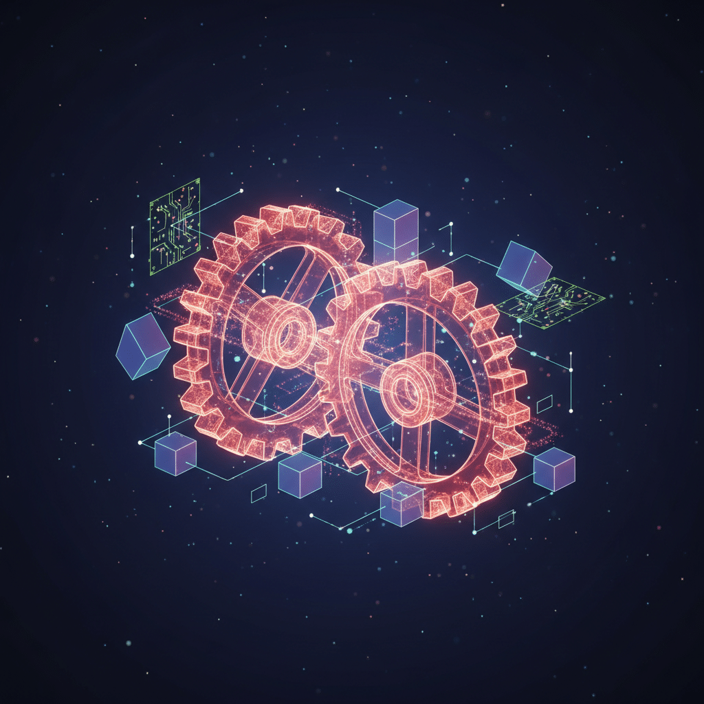 Two large wireframe gear mechanisms interlocking in center, glowing red-orange holographic material. Surrounding toolkit elements: floating utility boxes, connection nodes, circuit patterns. Isometric side angle with rotating motion blur effects on gears. Particle streams flowing through gear teeth, scattered light dots creating depth. Dark space background with gradient lighting. Futuristic tech aesthetic with neon bloom effects.