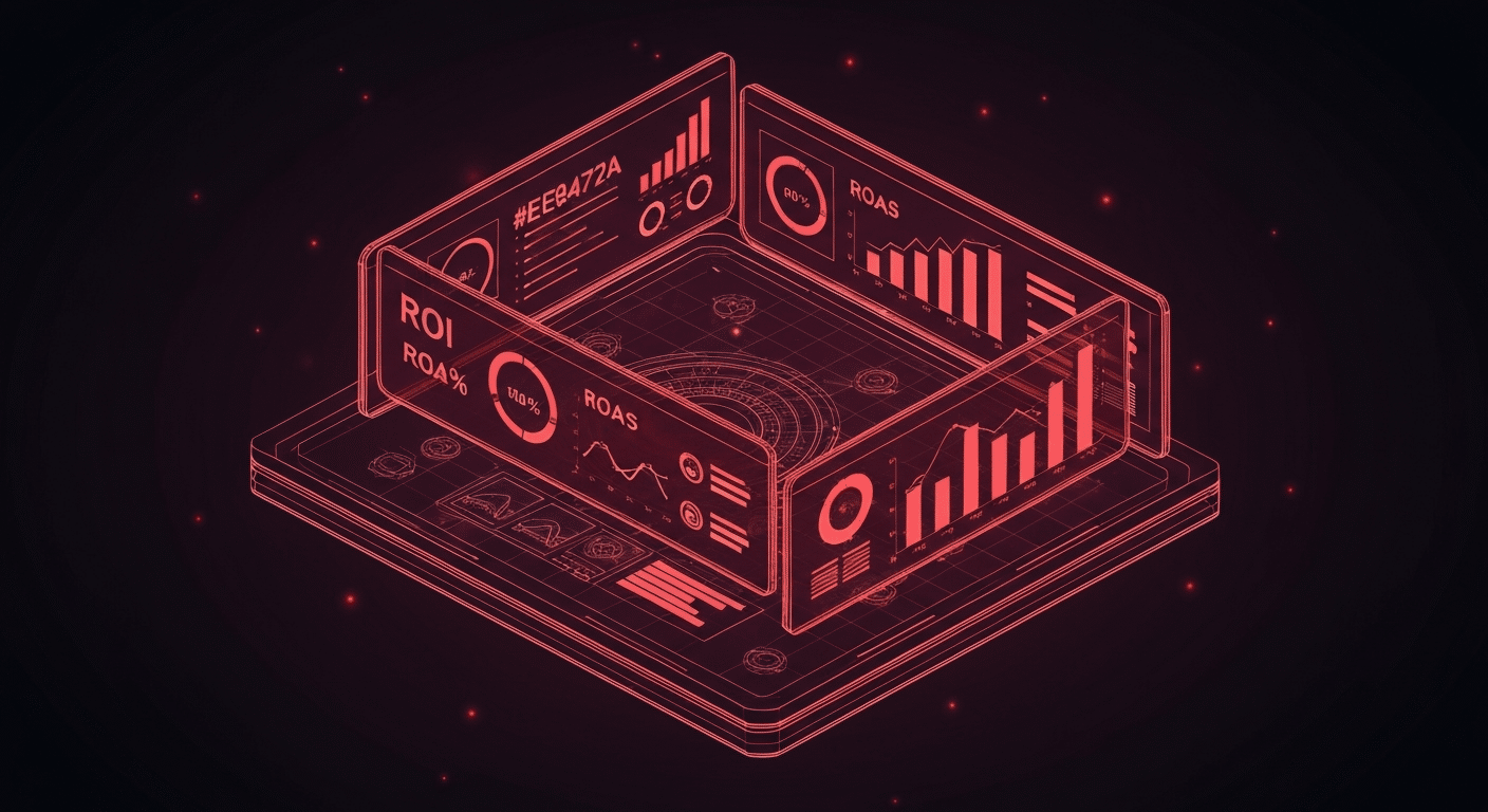 Dashboard de marketing attribution mostrando ROI ROAS e funil de conversao