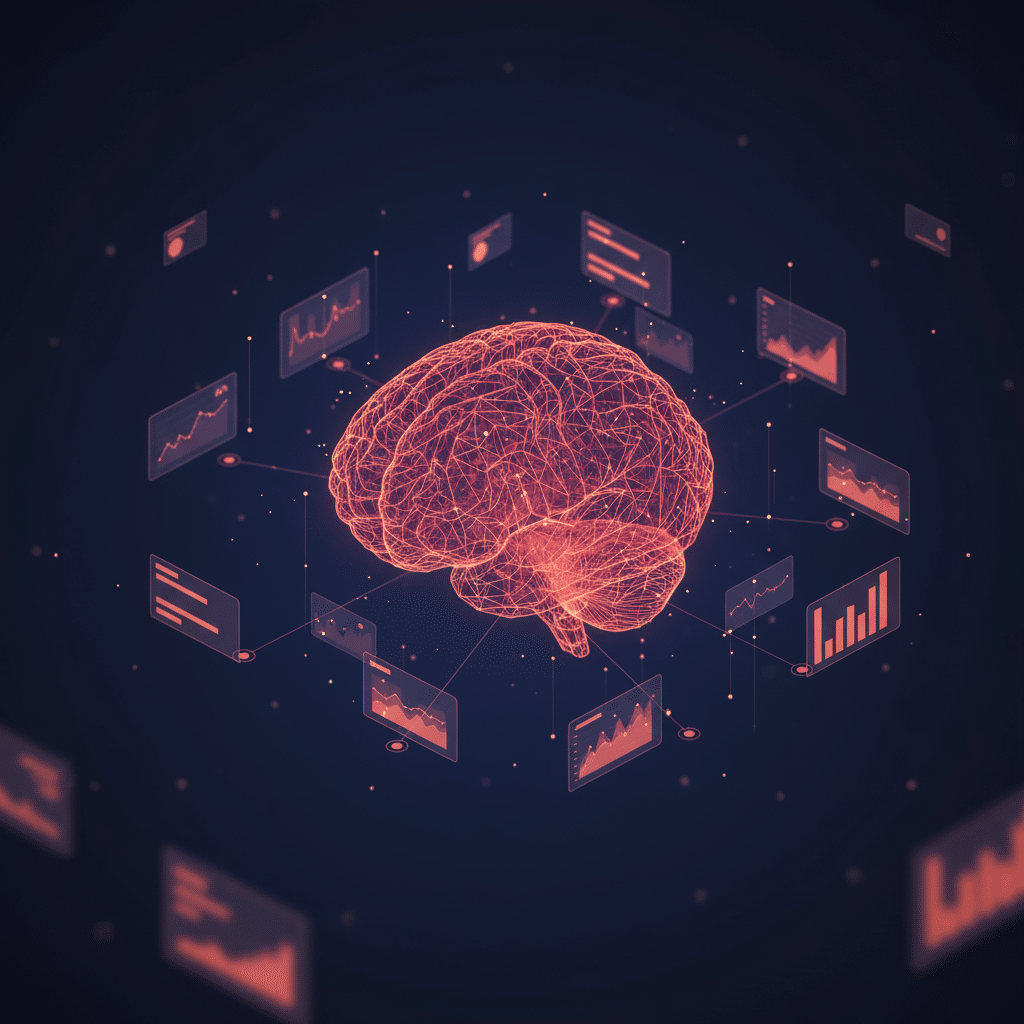 3D holographic wireframe brain as central object in isometric perspective, surrounded by floating data cards and mini bar charts, dark gradient background from #050a14 to #0a1628, glowing neon wireframe in red-orange gradient #E8472A to #FF6B35, subtle light bloom and particle effects, connection nodes linking brain to smaller elements, depth of field with foreground blur, scattered light dots and floating particles, futuristic tech hologram visualization style, 16:9 aspect ratio.
