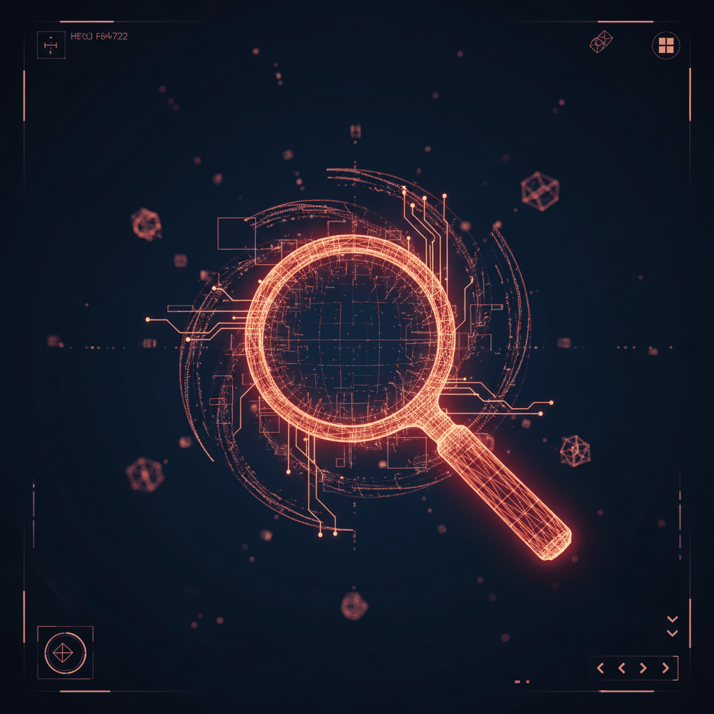 3D holographic wireframe magnifying glass as central object from side view angle, floating circuit traces and connection nodes orbiting around it, dark gradient background #050a14 to #0a1628, glowing neon wireframe red-orange gradient #E8472A to #FF6B35, light bloom effects, smaller data visualization elements suspended in space, depth of field blur on foreground elements, scattered particles and light dots, futuristic HUD interface style, 16:9 aspect ratio.