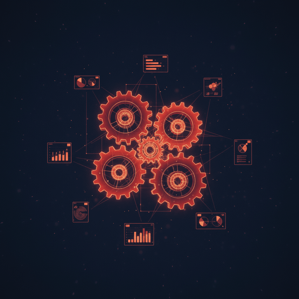 3D holographic wireframe interconnected gears as central object in top-down perspective, surrounded by floating mini charts and data nodes, dark gradient background from #050a14 to #0a1628, glowing neon wireframe in red-orange gradient #E8472A to #FF6B35, particle effects and light bloom, connection traces linking gear system to orbiting elements, depth of field with selective focus, scattered light particles, Blade Runner interface aesthetic, 16:9 aspect ratio.