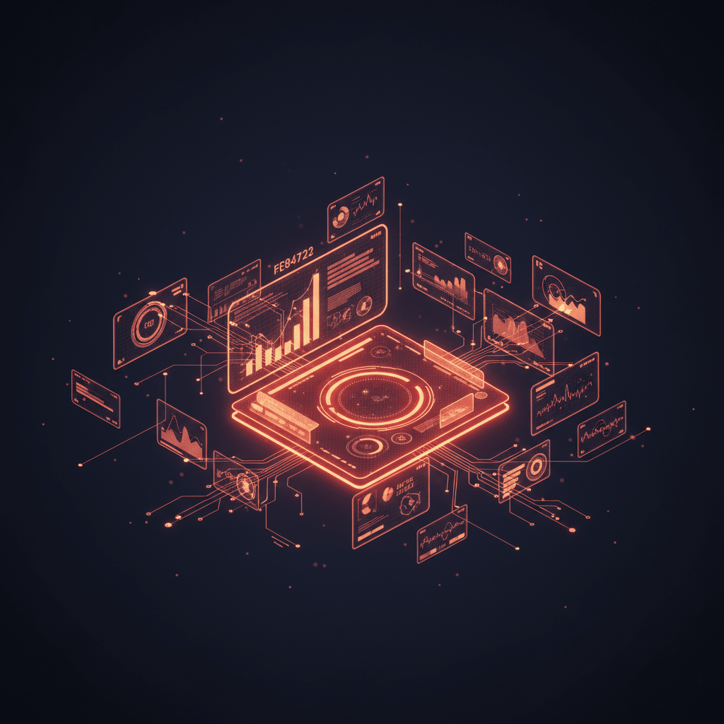 3D holographic wireframe dashboard display as central object in close-up isometric view, floating metric visualization elements and connection nodes around it, dark gradient background #050a14 to #0a1628, glowing neon wireframe red-orange gradient #E8472A to #FF6B35, subtle bloom effects, circuit traces connecting dashboard to smaller data elements, depth of field blur, scattered light dots and particles, futuristic tech visualization style, 16:9 aspect ratio.