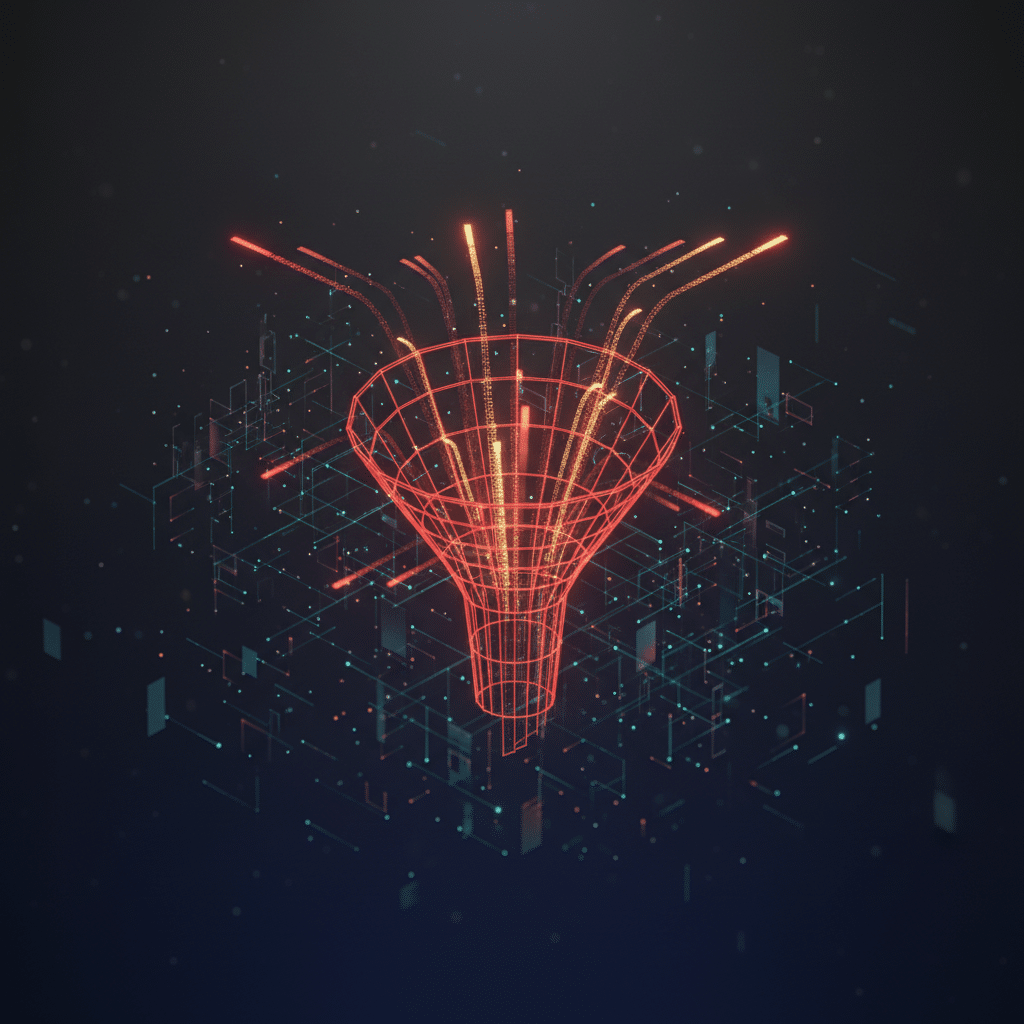 3D holographic wireframe funnel with multiple input streams flowing into it, some streams glowing dimly (representing wasted budget) while others shine brightly, rendered in red-orange gradient (#E8472A to #FF6B35) against dark gradient background (#050a14 to #0a1628). Isometric perspective with floating data nodes and circuit traces surrounding the central funnel. Light bloom effects and scattered particles create depth, with foreground elements slightly blurred.