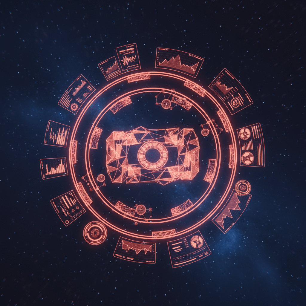 3D holographic dashboard interface floating in space, featuring geometric panels and data visualization elements as wireframe structures, glowing in red-orange neon (#E8472A to #FF6B35). Top-down camera angle with floating mini charts, connection nodes, and data cards orbiting around the central dashboard. Dark gradient background with particle effects and light dots creating futuristic atmosphere.