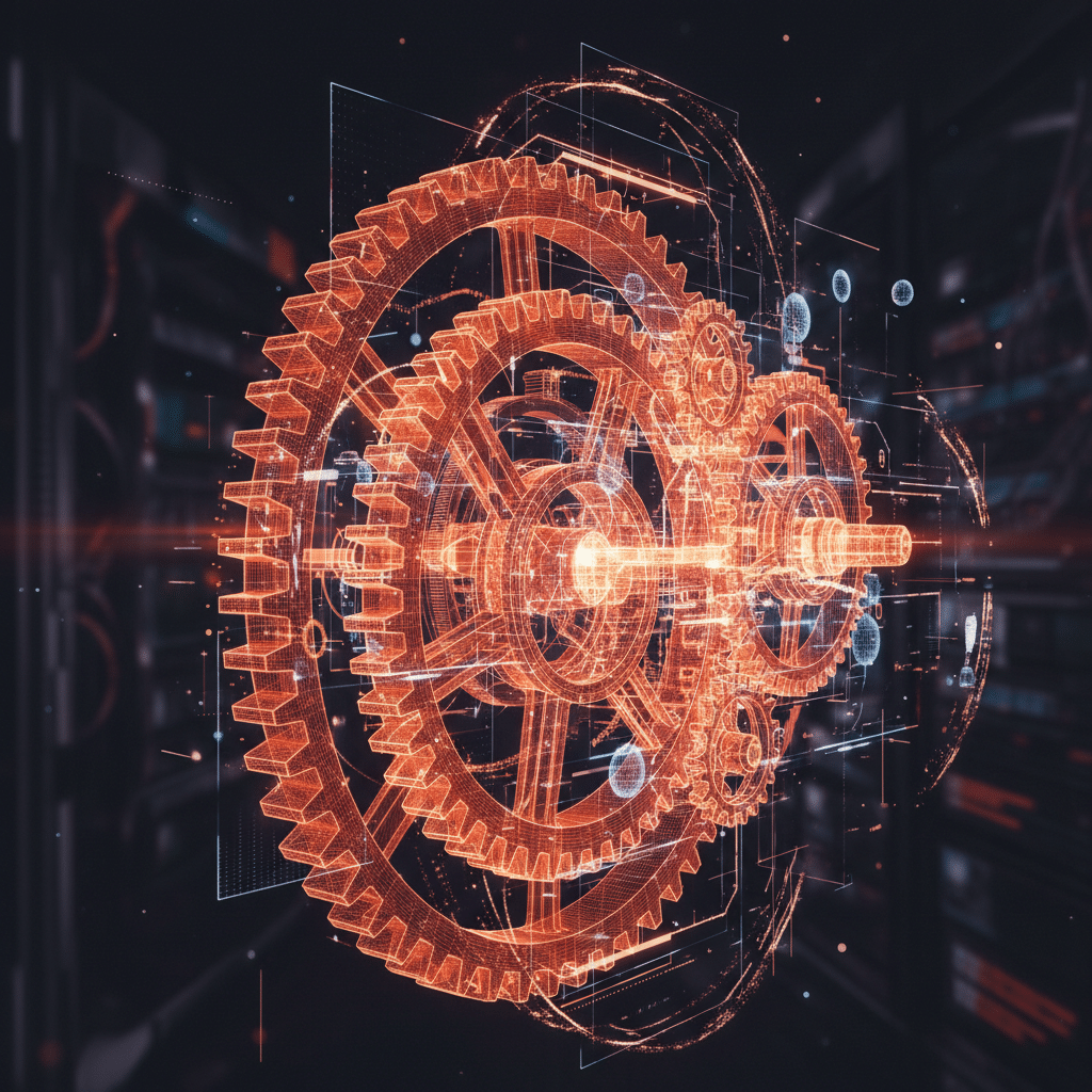3D holographic gear system with interconnected rotating mechanisms, showing automated movement and energy flow between components, rendered as glowing wireframe in red-orange gradient. Side view perspective with floating circuit traces and data nodes. Light particles stream between gears suggesting real-time optimization. Depth of field effect with subtle bloom lighting against dark tech background.