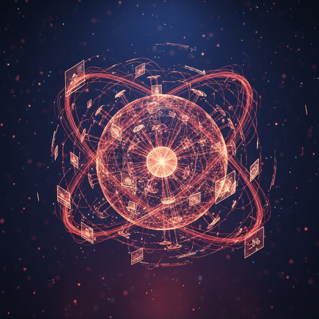 3D holographic network sphere with interconnected nodes and flowing data streams, representing channel interactions through pulsing connections and orbital paths around central hub. Close-up isometric view with floating data cards and mini connection points. Red-orange wireframe glow with particle effects and light traces creating dynamic movement patterns against gradient dark background.