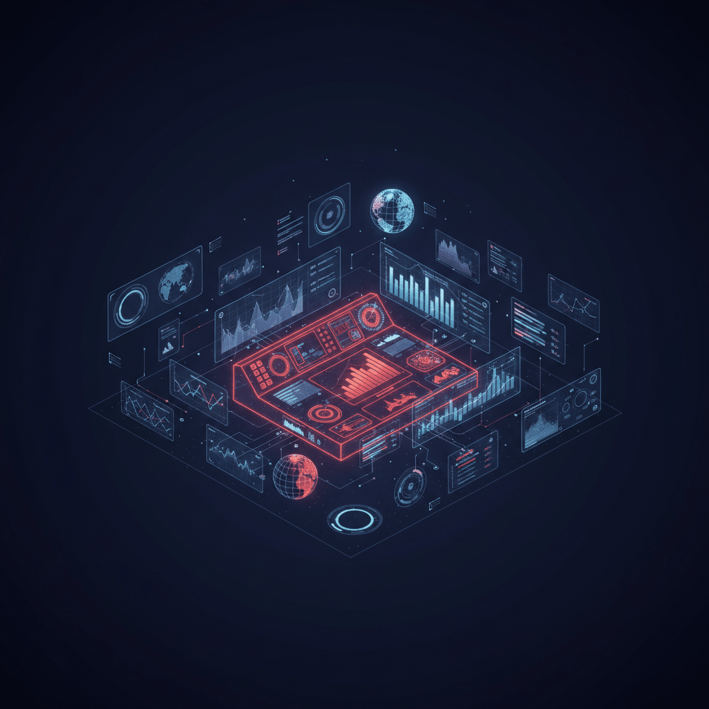 3D holographic wireframe dashboard floating in isometric perspective, dark gradient background from #050a14 to #0a1628, central glowing control panel rendered in red-orange neon (#E8472A to #FF6B35) with multiple floating screens showing bar charts and line graphs, surrounded by smaller data visualization elements, circuit traces connecting various metrics displays, subtle light bloom effects, scattered particles and light dots, depth of field with foreground elements slightly blurred, futuristic tech hologram style