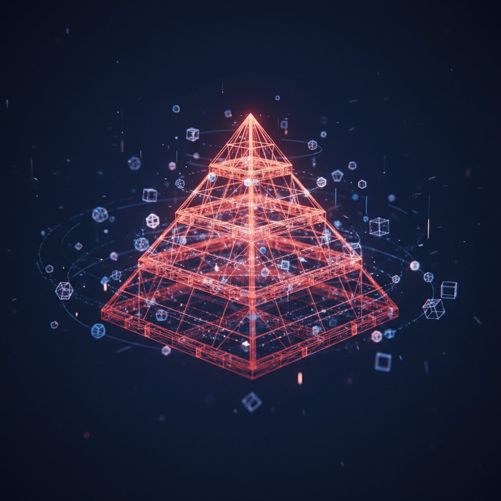 3D wireframe pyramid structure in close-up perspective, dark background gradient #050a14 to #0a1628, four-tiered glowing neon pyramid in red-orange gradient (#E8472A to #FF6B35), floating data nodes and connection lines between each layer, smaller geometric shapes orbiting around the structure, particle effects and light traces, subtle bloom lighting, depth of field effect, holographic tech visualization style reminiscent of sci-fi interfaces