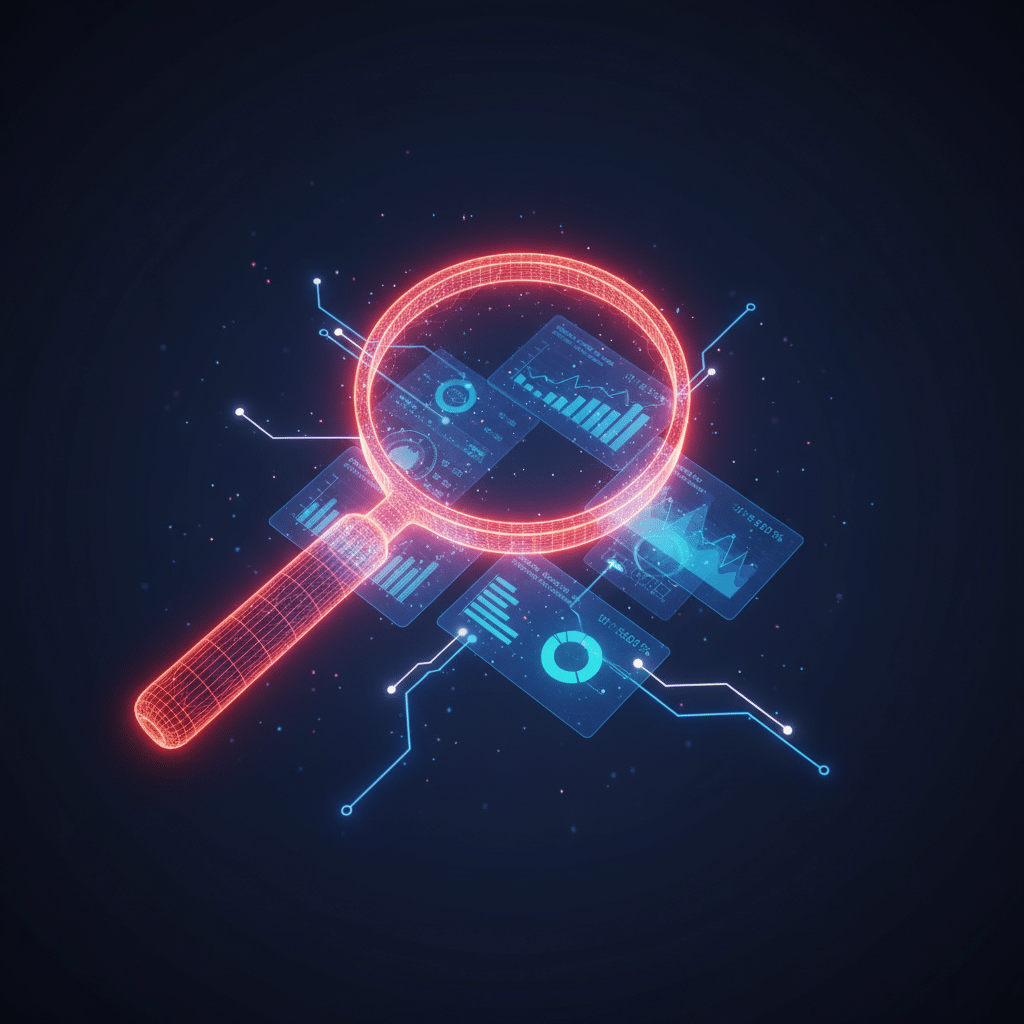 3D holographic magnifying glass from top-down perspective, dark gradient background #050a14 to #0a1628, central wireframe magnifying glass glowing in red-orange neon (#E8472A to #FF6B35), floating data cards and mini analytics charts beneath the lens, circuit pathways connecting various elements, scattered light particles, subtle bloom effects, depth of field with some elements blurred, futuristic hologram interface style