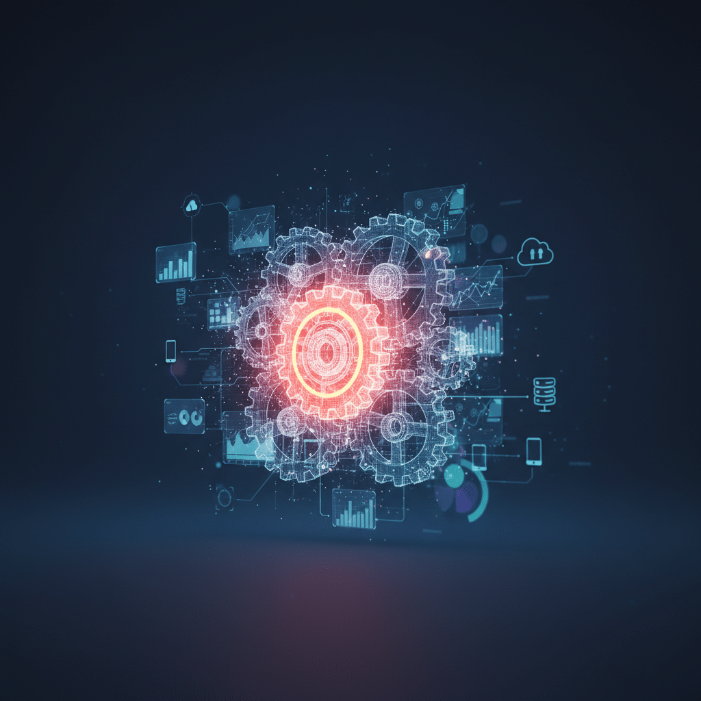 3D wireframe network of interconnected gears in side view perspective, dark background gradient from #050a14 to #0a1628, central mechanical gear system glowing in red-orange neon (#E8472A to #FF6B35), floating comparison charts and data visualization elements around the gears, connection nodes linking different platforms, light traces and particle effects, subtle bloom lighting, depth of field effect, holographic tech interface style