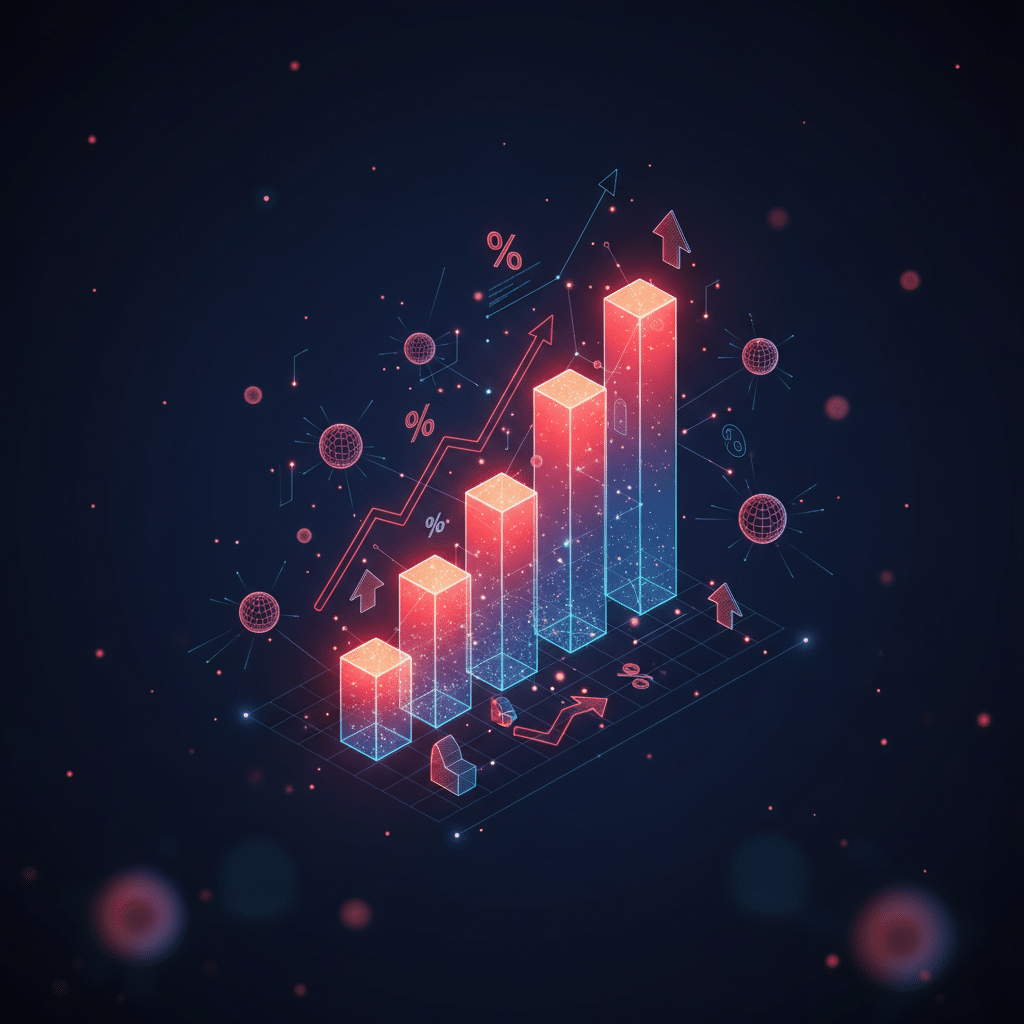 3D holographic wireframe chart with ascending bar graphs as central object, rendered in red-orange neon gradient against dark blue gradient background. Floating data nodes and connection lines surround the chart. Isometric perspective with glowing particle effects and light bloom. Small wireframe elements like arrows, percentage symbols, and growth indicators hover around the main structure. Depth of field with foreground blur, scattered light dots throughout the scene.