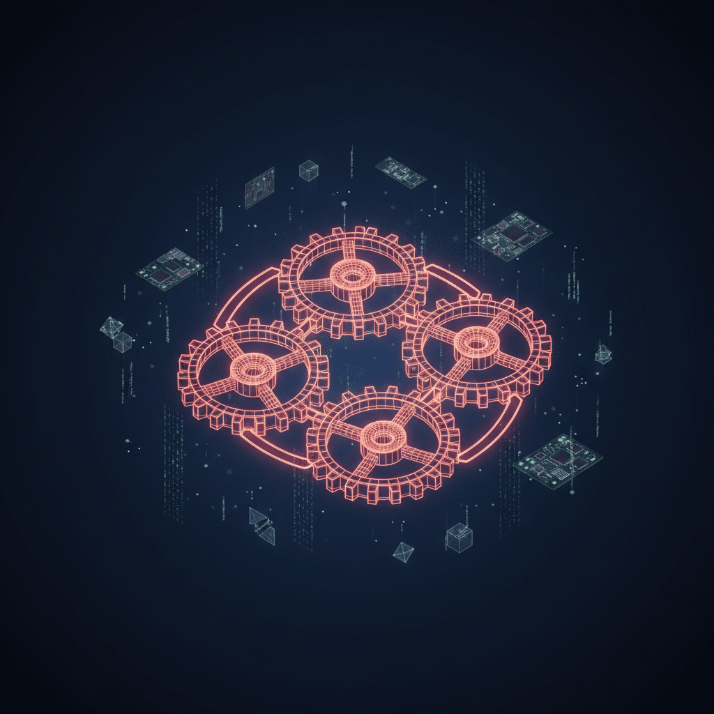 3D holographic gear system as central object, five interconnected wireframe gears rotating in red-orange neon. Circular arrangement with glowing connection paths between each gear. Top-down isometric view against dark blue gradient background. Floating smaller elements include mini circuit boards, data streams, and geometric connectors. Light bloom effects and scattered particles create depth and futuristic atmosphere.