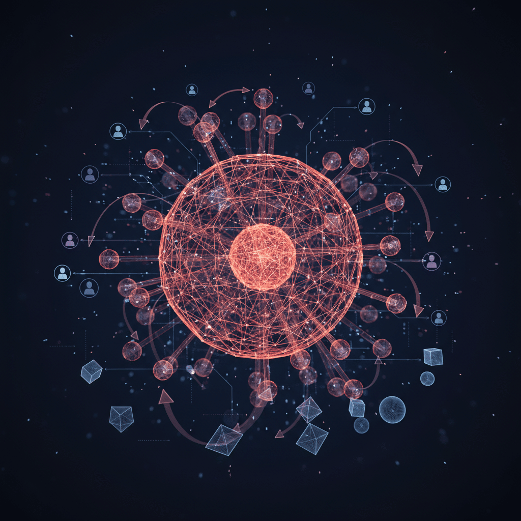 3D holographic network hub as central object, wireframe sphere with multiple connection points extending outward. Organizational tree-like structure with floating nodes and data pathways. Close-up perspective showing intricate wireframe details in red-orange gradient. Surrounding elements include floating user icons, workflow arrows, and geometric team representation shapes. Particle effects and light dots scattered throughout the dark gradient background.