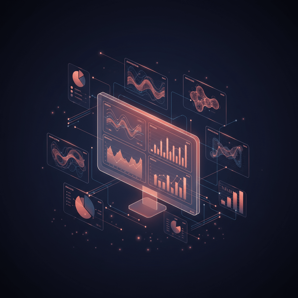 3D holographic dashboard interface floating in isometric perspective, dark gradient background from #050a14 to #0a1628, central glowing wireframe monitor displaying split-screen comparison charts in red-orange gradient #E8472A to #FF6B35, surrounded by floating data visualization cards showing attribution flows, particle effects and light bloom around wireframe elements, smaller holographic pie charts and bar graphs orbiting the main display, circuit trace patterns connecting data points, depth of field with foreground particles slightly blurred, futuristic tech visualization style