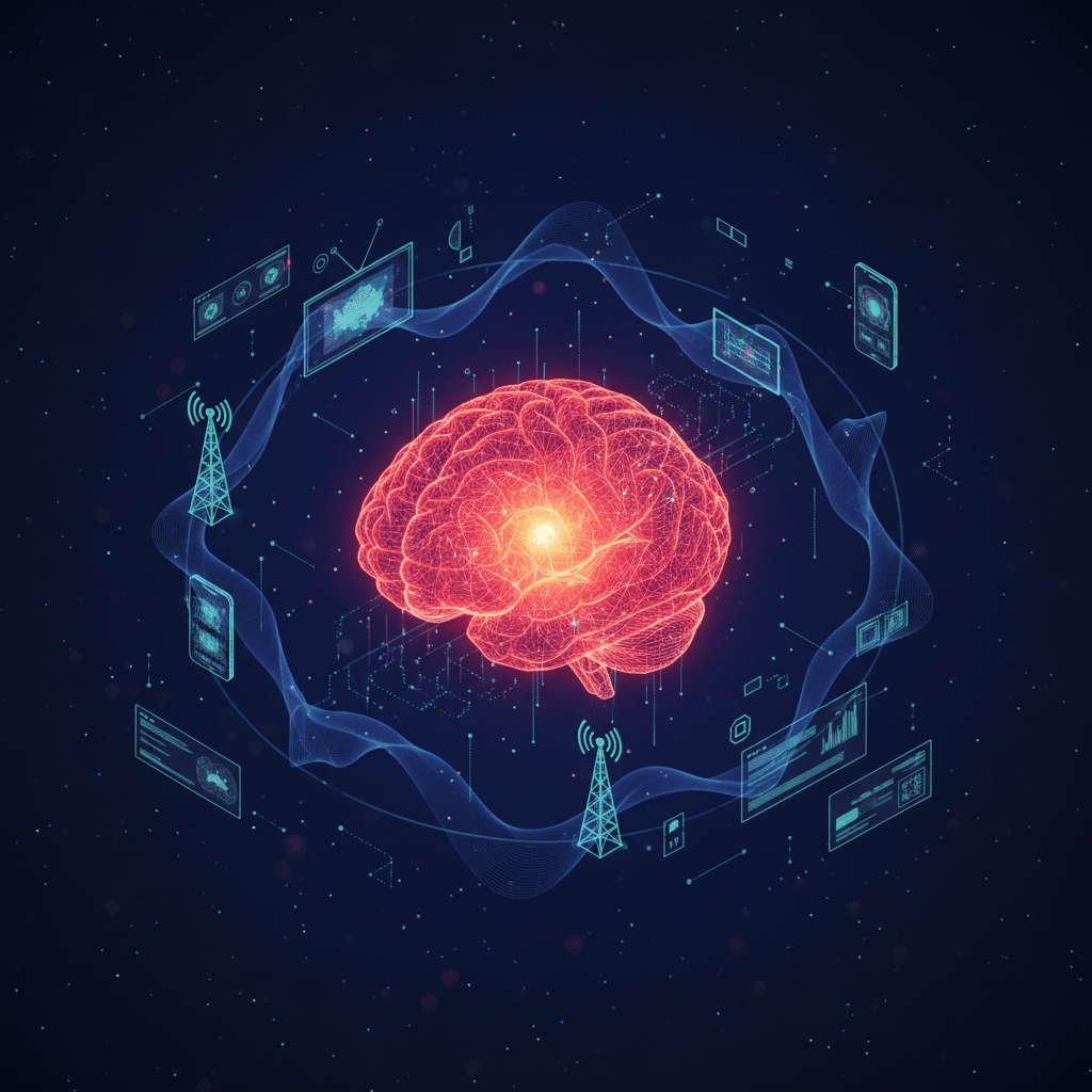 Central 3D wireframe brain hovering in space, glowing neon red-orange gradient #E8472A to #FF6B35 with pulsing light effects, dark background gradient #050a14 to #0a1628, floating temporal wave patterns and channel contribution curves surrounding the brain, smaller wireframe TV screens, mobile devices and radio towers orbiting around, particle effects showing data flow connections, isometric top-down camera angle, holographic interface elements with light bloom, scattered light dots across the scene