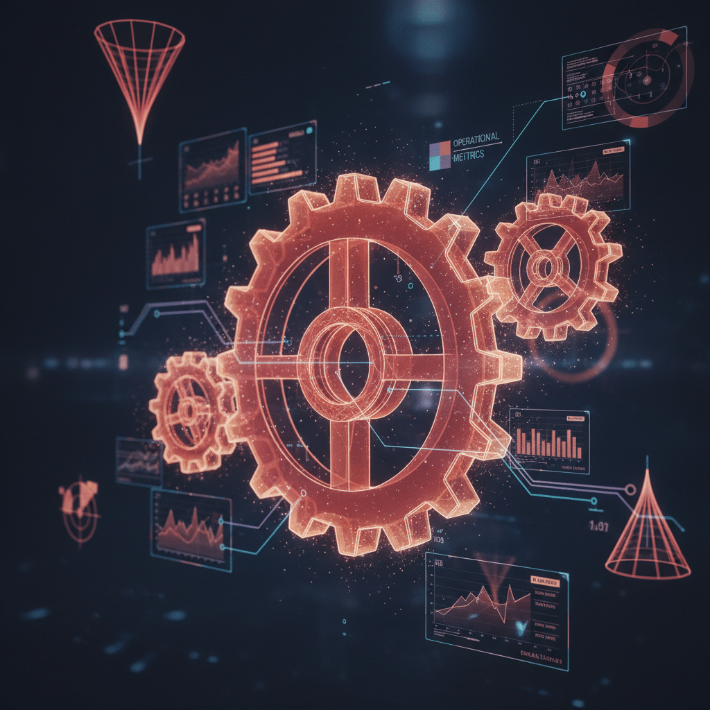 Large 3D holographic gear system as central focal point, wireframe construction in red-orange gradient #E8472A to #FF6B35, dark background #050a14 to #0a1628, interconnected floating data nodes and mini dashboard panels surrounding the gears, glowing circuit traces connecting operational metrics to strategic insights, particle effects around moving gear mechanisms, close-up side view perspective, smaller wireframe elements like funnels and target symbols, depth of field with background blur
