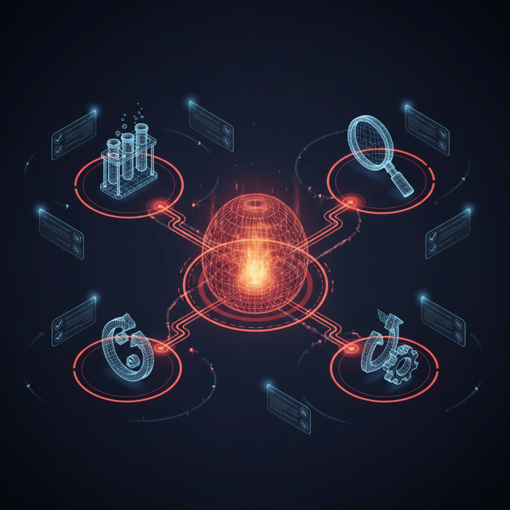 Central 3D wireframe network node structure, glowing red-orange hologram #E8472A to #FF6B35, dark gradient background, interconnected pathways flowing between three distinct zones representing different methodologies, floating wireframe test tubes, magnifying glasses and optimization symbols, particle effects along connection lines, isometric perspective showing cyclical flow, smaller data cards and validation checkmarks orbiting the network, light bloom effects on connection points