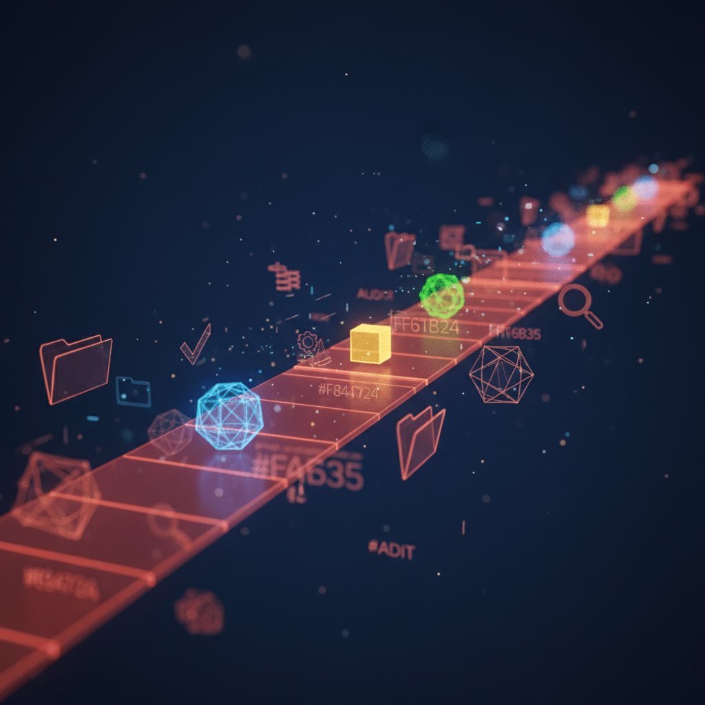 3D holographic timeline pathway stretching into distance, wireframe construction in red-orange gradient #E8472A to #FF6B35, dark background #050a14 to #0a1628, floating milestone markers as glowing geometric shapes along the path, surrounding elements include wireframe folders, model structures and refinement tools, particle effects showing progression flow, side view perspective with depth of field, smaller audit symbols and development icons hovering around timeline, scattered light particles throughout scene