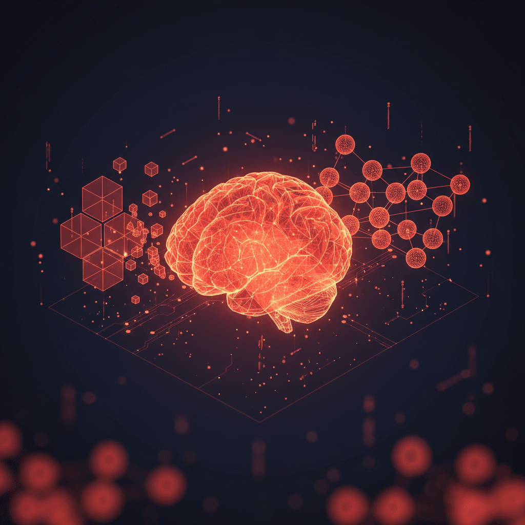 3D holographic wireframe brain as central object in isometric perspective, surrounded by floating fragmented cube clusters on left side and interconnected sphere networks on right side, dark gradient background #050a14 to #0a1628, glowing red-orange wireframe #E8472A to #FF6B35 with light bloom effects, scattered data connection nodes and circuit traces, floating particles and light dots, depth of field with foreground blur, futuristic tech hologram visualization style, 16:9 aspect ratio
