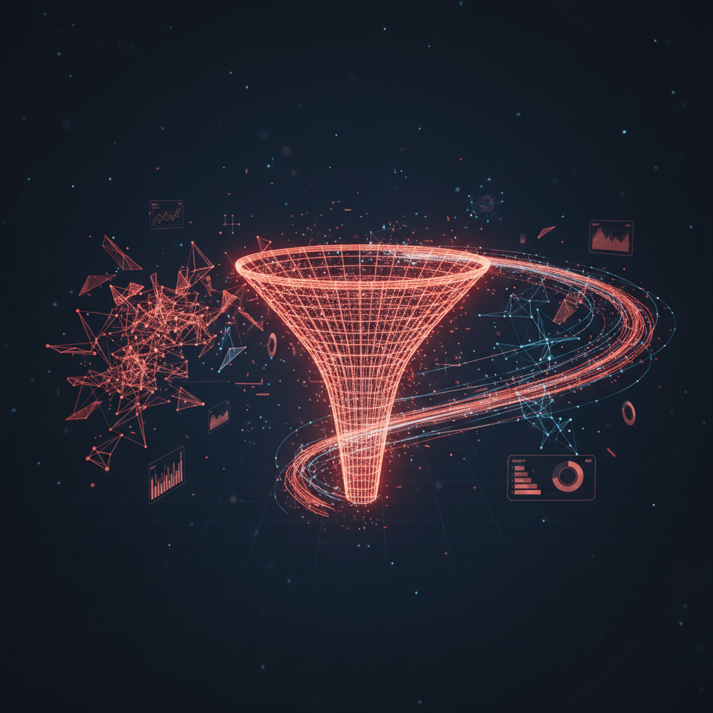 3D holographic wireframe funnel as central object in side view perspective, with broken pathway elements flowing chaotically on left and smooth unified stream on right, dark gradient background #050a14 to #0a1628, glowing red-orange wireframe #E8472A to #FF6B35 with particle effects, floating mini charts and connection nodes surrounding the funnel, subtle light bloom, scattered light dots, depth of field effect, futuristic HUD interface style, 16:9 aspect ratio