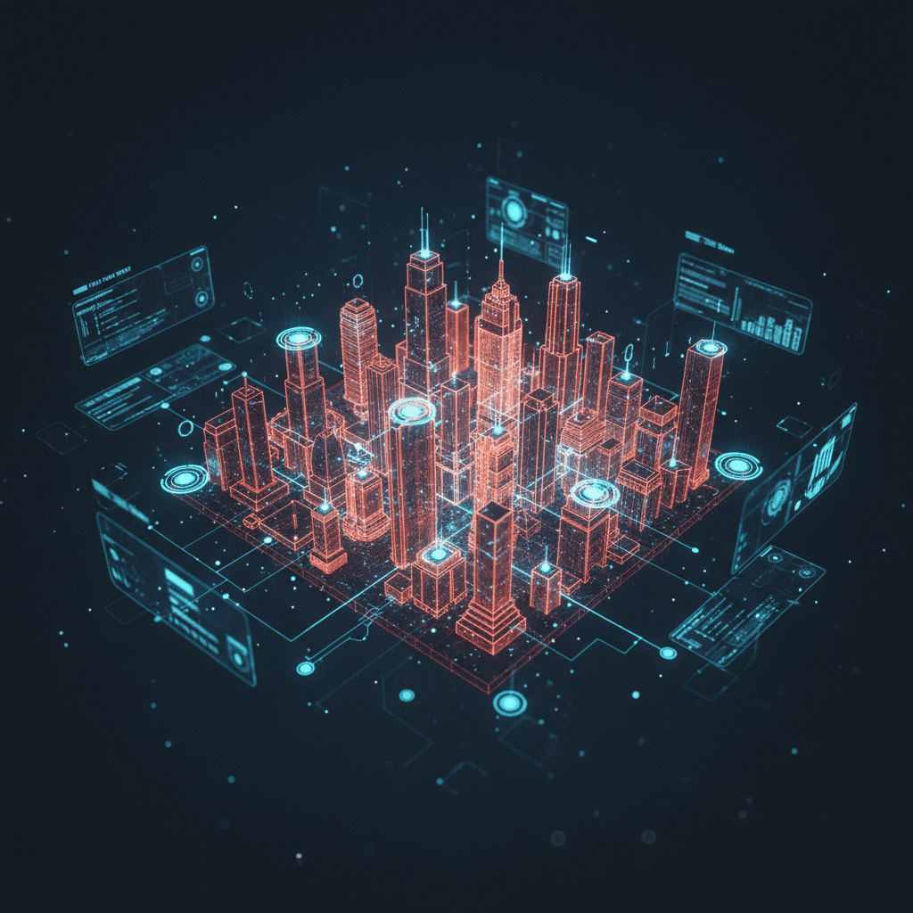 3D holographic wireframe city skyline as central object in top-down perspective, interconnected with glowing pathway networks and floating touchpoint markers, dark gradient background #050a14 to #0a1628, red-orange wireframe #E8472A to #FF6B35 with light bloom, surrounding data cards and circuit traces, floating connection nodes linking building structures, scattered particles and light dots, depth of field with foreground blur, Blade Runner interface aesthetic, 16:9 aspect ratio