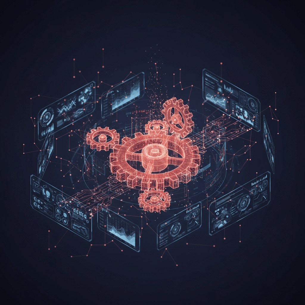 3D holographic wireframe gear system as central object in close-up isometric view, surrounded by floating dashboard panels and network connection webs, dark gradient background #050a14 to #0a1628, glowing red-orange wireframe #E8472A to #FF6B35 with particle effects, interconnected smaller gears and data flow elements, circuit trace patterns, scattered light dots and connection nodes, subtle light bloom effects, depth of field, futuristic tech visualization style, 16:9 aspect ratio