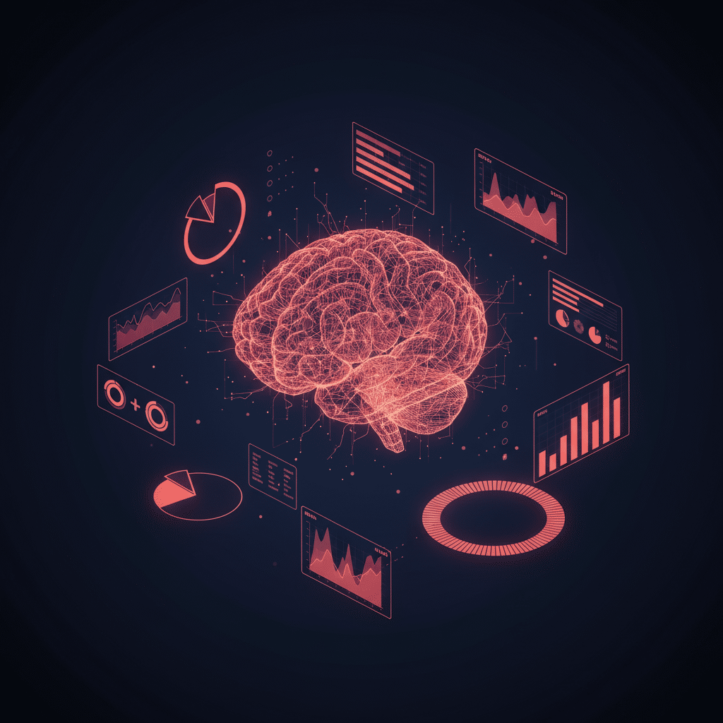 3D holographic wireframe brain floating in center with glowing neural pathways, surrounded by orbiting data visualization elements like floating bar charts, pie chart rings, and metric dashboards, all rendered in red-orange neon gradient against dark blue gradient background, isometric perspective with particle effects and light bloom