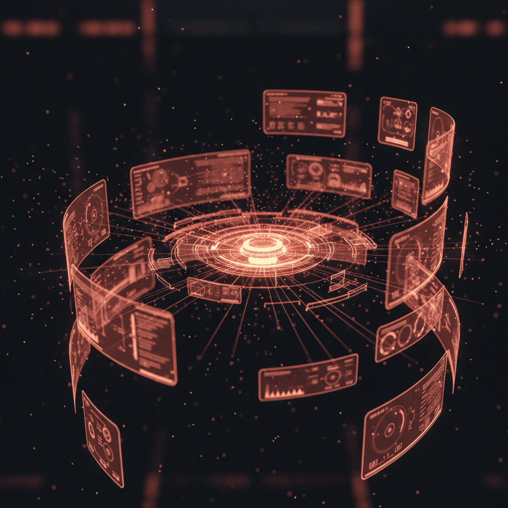 3D holographic wireframe dashboard interface with multiple floating screen panels arranged in curved formation, central control hub with radiating data streams, surrounded by floating metric cards and connection lines, rendered in red-orange neon gradient, side view perspective with depth of field and particle effects against dark background