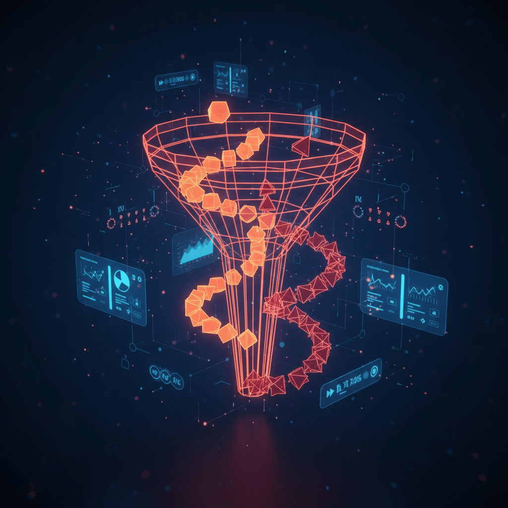 3D holographic wireframe funnel structure with two parallel conversion paths showing transformation stages, surrounded by floating comparison elements like split data cards and timeline nodes, rendered in red-orange neon gradient with light bloom, close-up angled perspective against dark blue gradient background with scattered particles