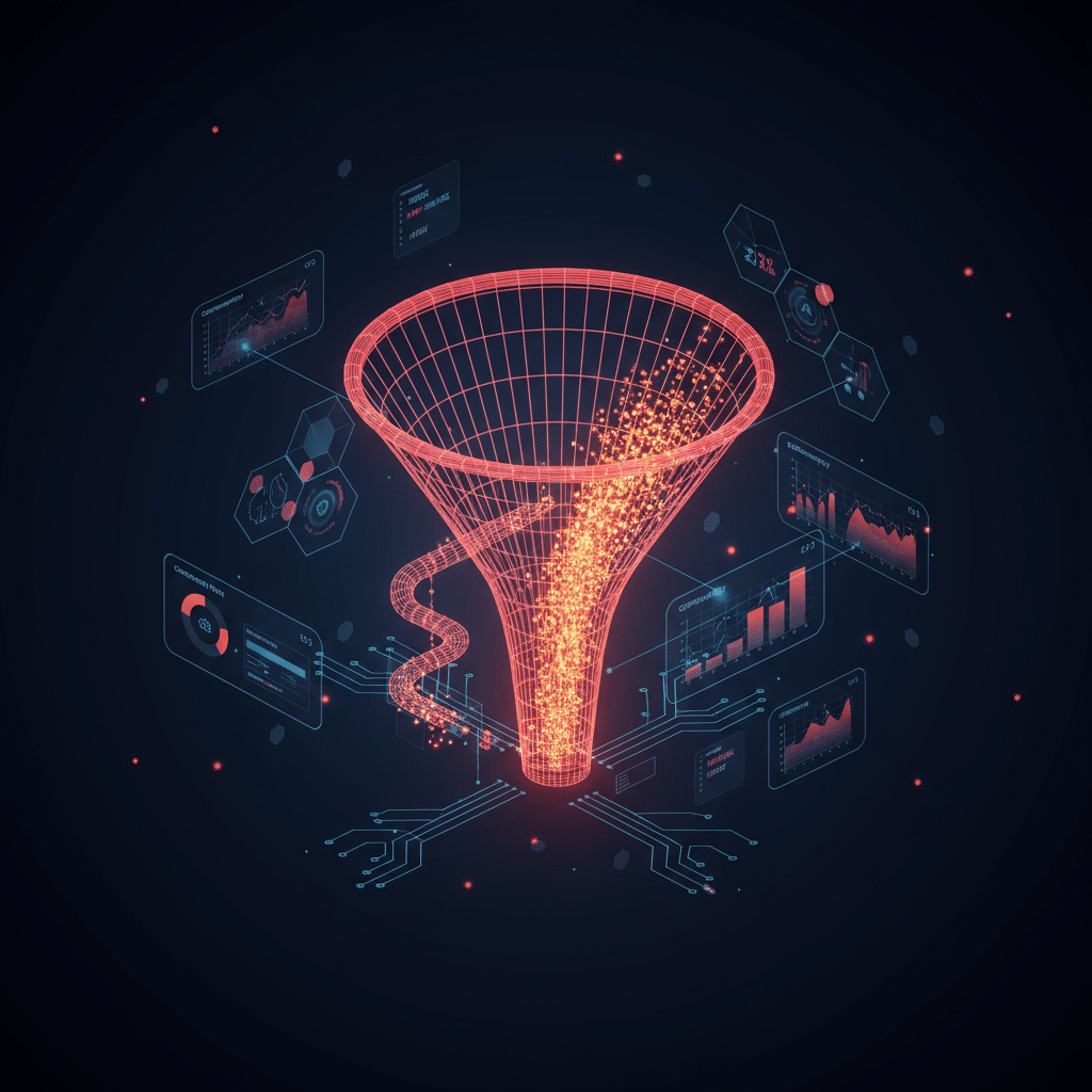 3D holographic wireframe funnel in isometric perspective, glowing red-orange gradient (#E8472A to #FF6B35) against dark gradient background (#050a14 to #0a1628). Central funnel shows two distinct paths - one narrow traditional pipeline and one wider optimized channel. Floating data cards and mini conversion charts surround the funnel, with glowing particle streams flowing through both paths at different densities. Circuit traces connect floating elements. Subtle light bloom and depth of field effect with scattered light dots throughout the scene.