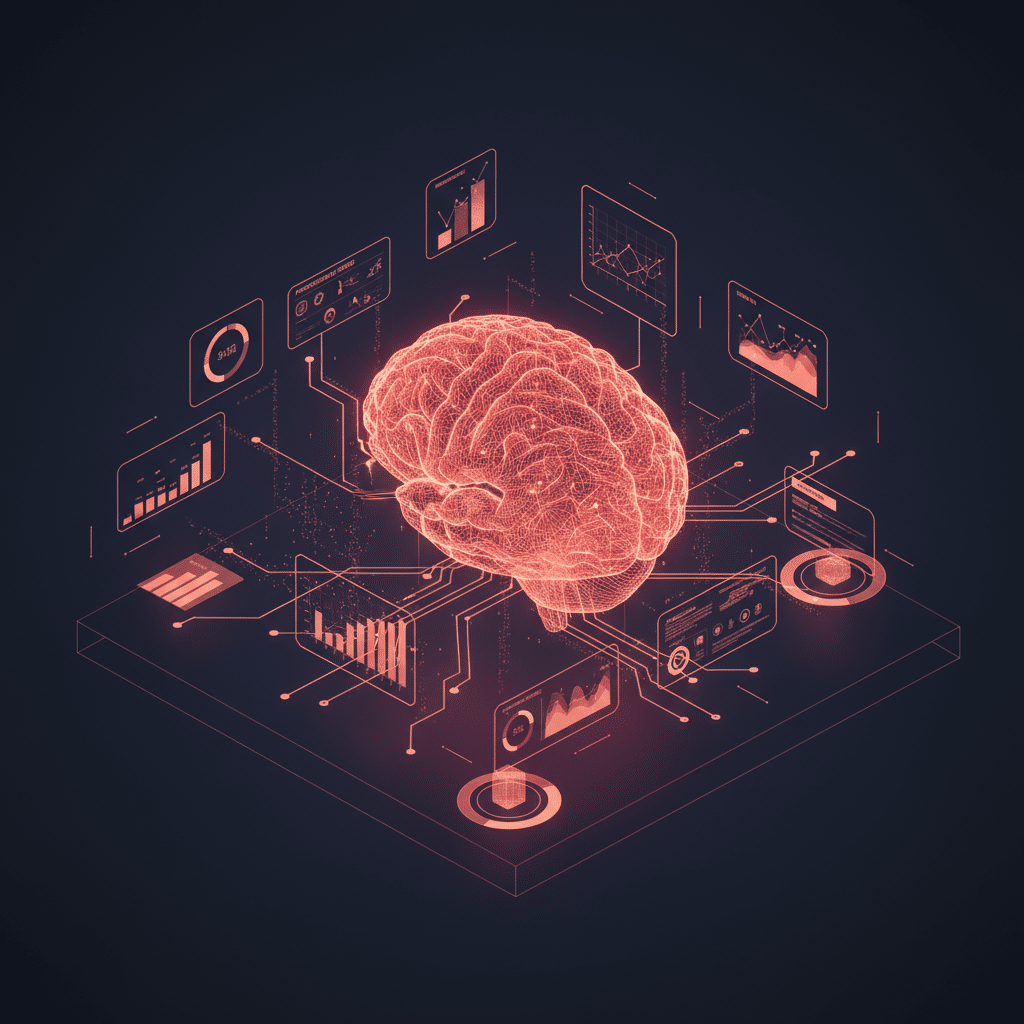 3D holographic wireframe brain as central object, connected to floating geometric nodes and data visualization elements. Isometric view with glowing red-orange wireframe (#E8472A to #FF6B35 gradient) on dark background (#050a14 to #0a1628). Neural network-style connections link brain to surrounding mini charts, scoring meters, and data cards. Particle effects flow along connection paths. Circuit traces weave between elements with subtle light bloom and depth of field creating futuristic tech visualization.
