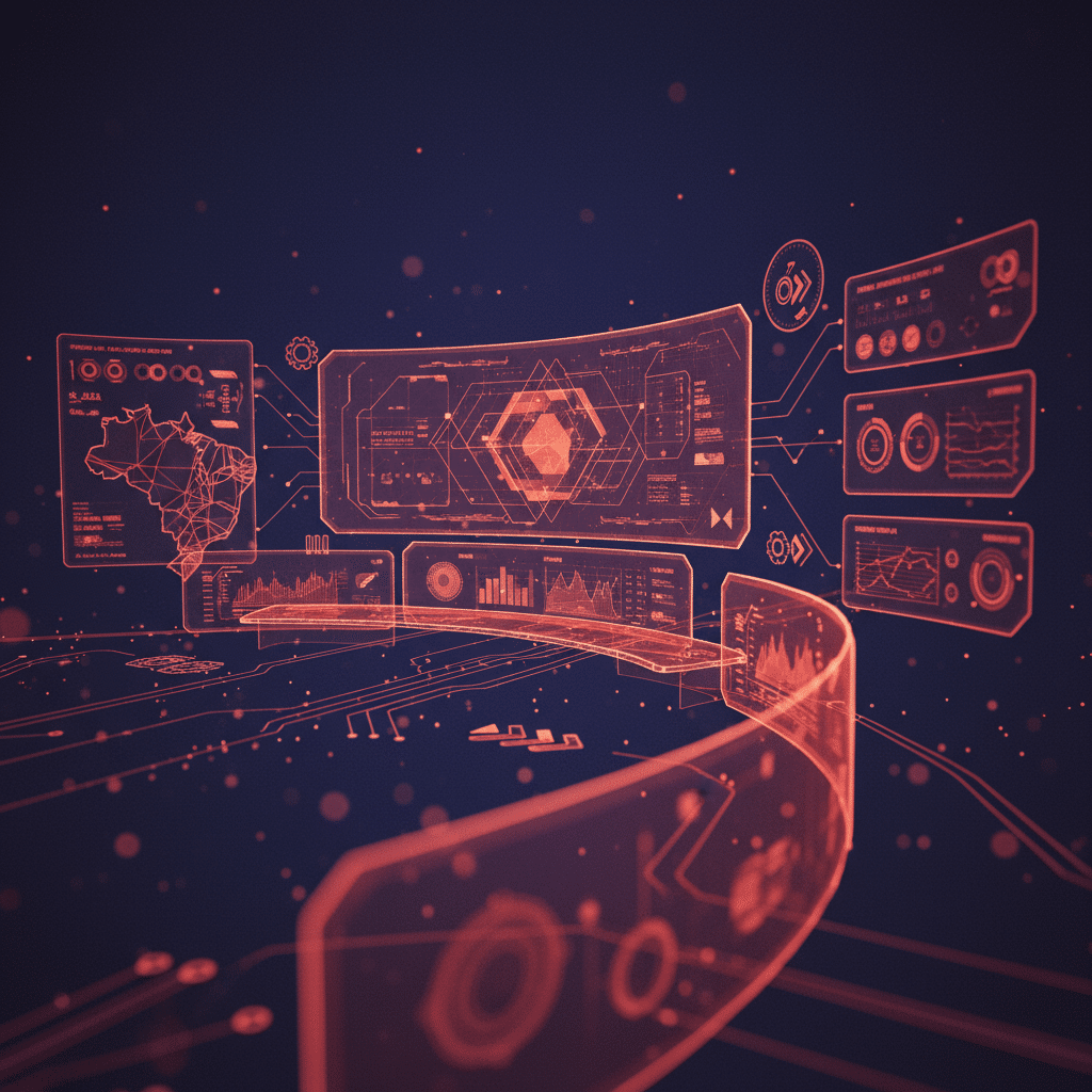 3D holographic wireframe dashboard interface in close-up perspective, featuring curved display panels and floating control nodes. Central dashboard surrounded by smaller Brazilian map outline, integration symbols, and floating data visualization cards. Glowing red-orange elements (#E8472A to #FF6B35) against dark gradient background. Circuit traces connect various interface elements with particle effects and light dots scattered throughout. Depth of field effect with some foreground elements softly blurred.