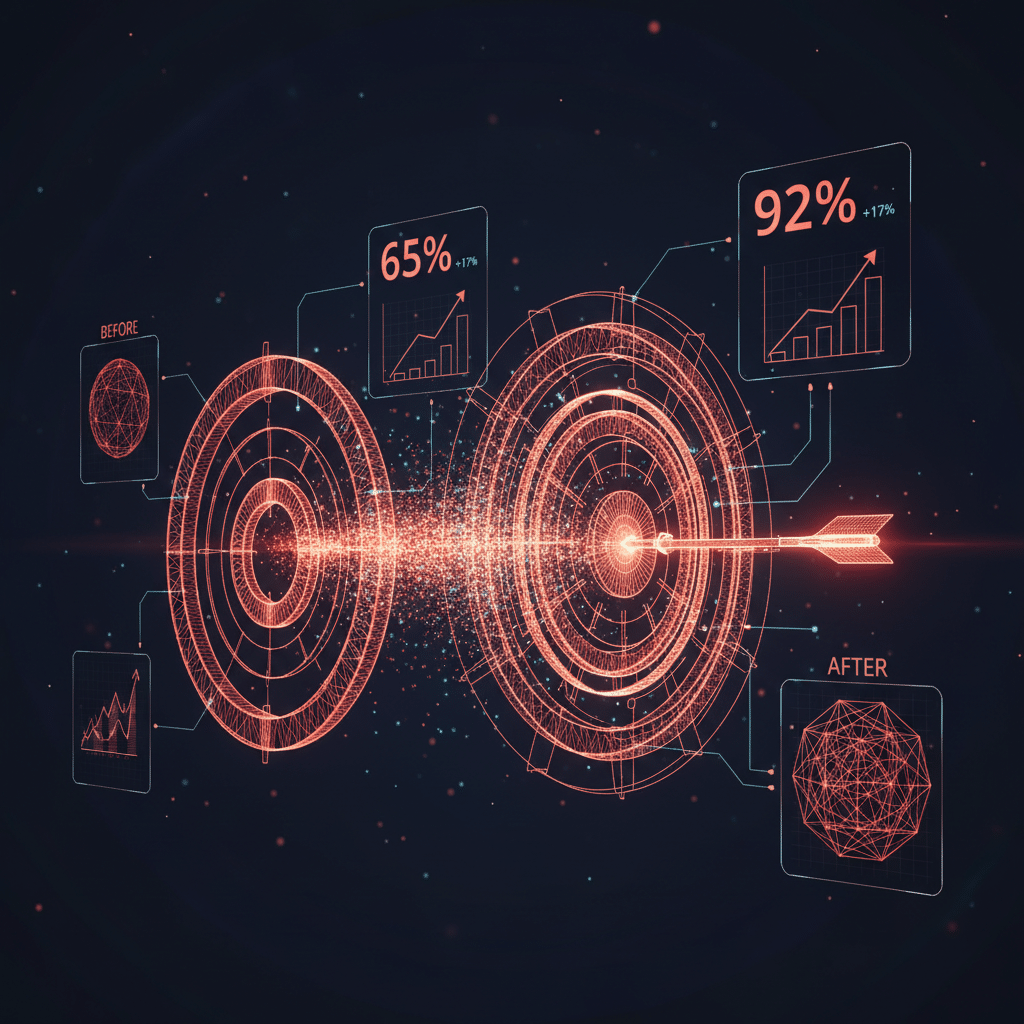 3D holographic wireframe target with arrow in side view perspective, showing transformation concept. Central target morphs from simple to complex multi-layered structure. Floating percentage indicators, growth charts, and before/after comparison elements surround the target. Red-orange glowing wireframe (#E8472A to #FF6B35) on dark background (#050a14 to #0a1628). Particle streams show improvement trajectory with circuit traces connecting floating metrics displays and scattered light effects.