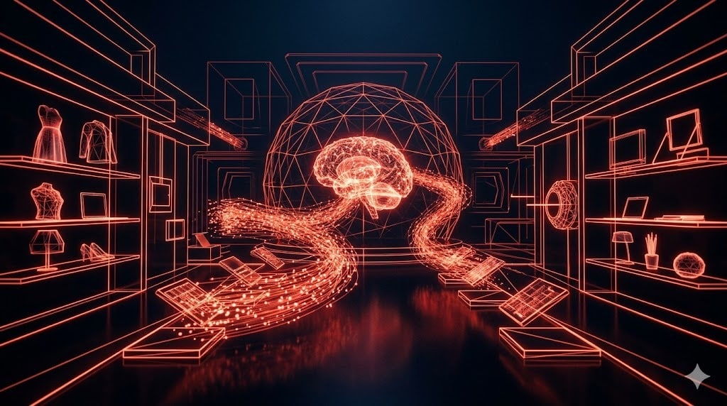 Vitrine digital com dados first-party fluindo para cérebro de inteligência artificial