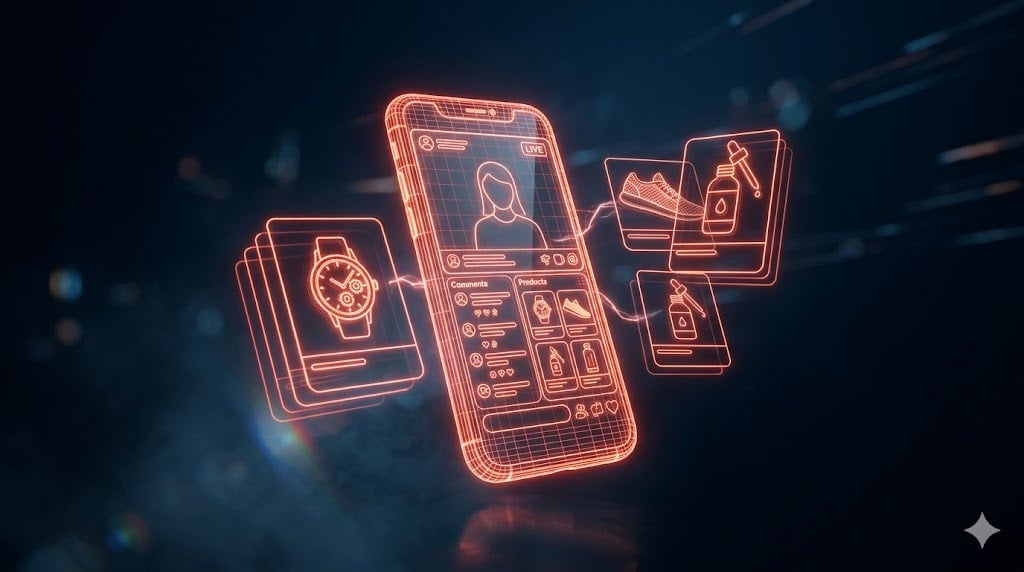 Social commerce com IA: smartphone com live commerce e cards de produto flutuantes