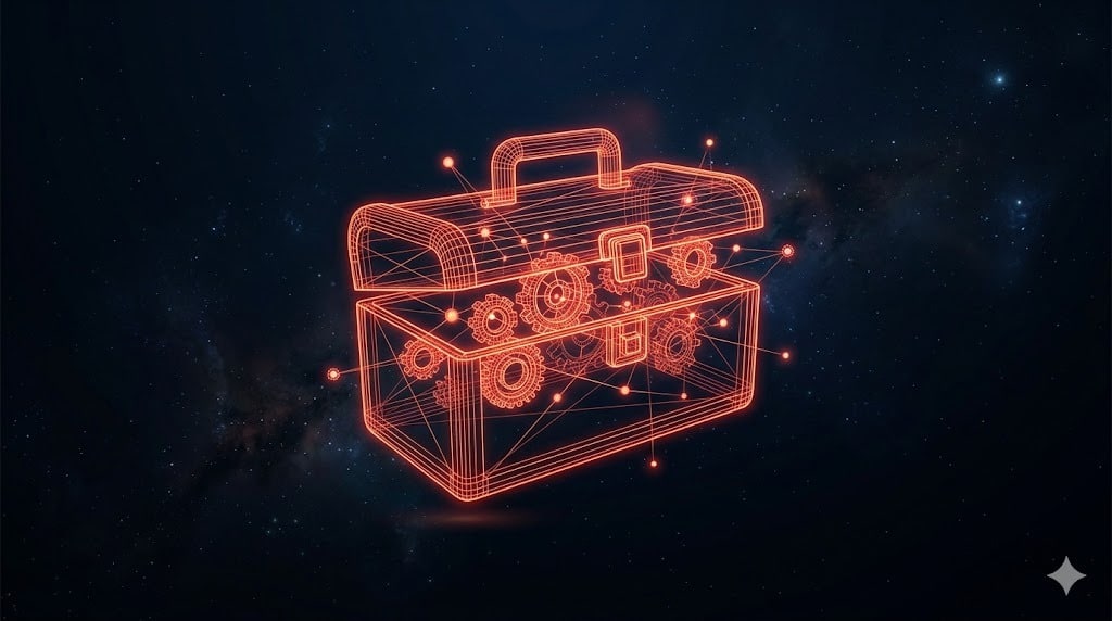 Ferramentas de IA para social commerce: toolbox com nós de inteligência artificial interconectados