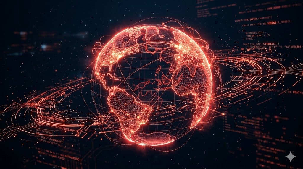 Futuro do social commerce com IA no Brasil: globo wireframe com conexões de comércio social