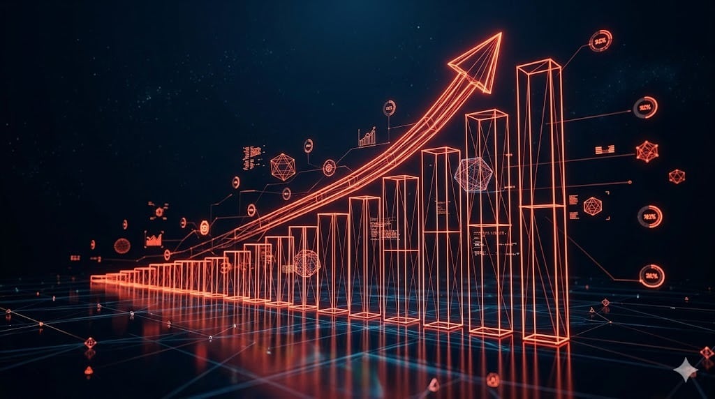 Gráfico de barras ascendente mostrando crescimento de desempenho em campanhas de tráfego pago otimizadas por inteligência artificial