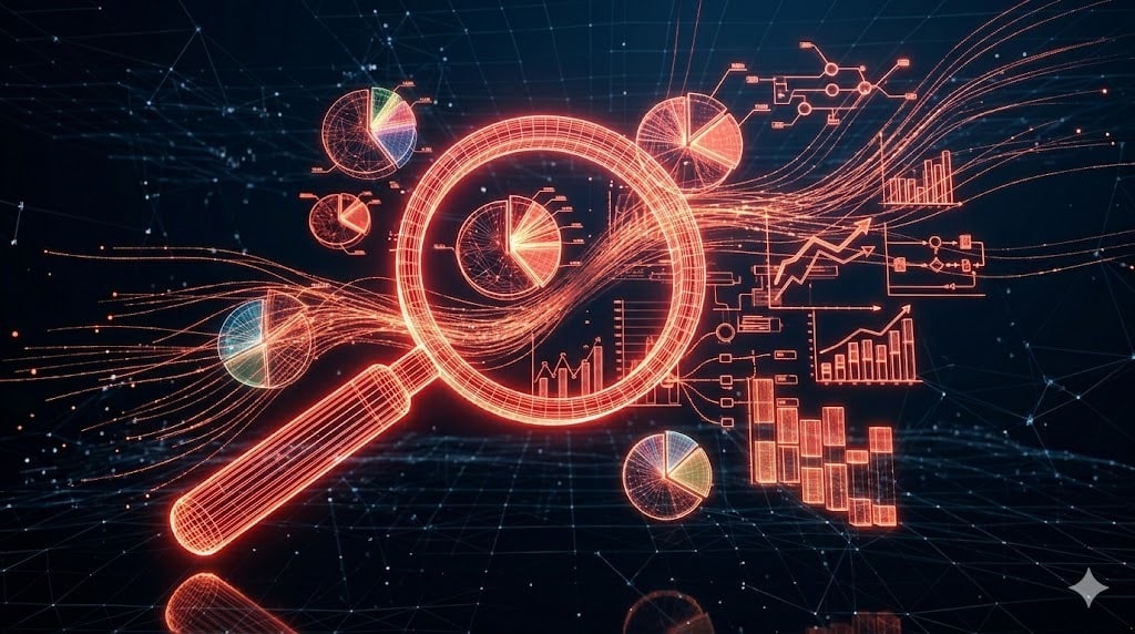 Lupa digital analisando gráfico de pizza e dados de ROI