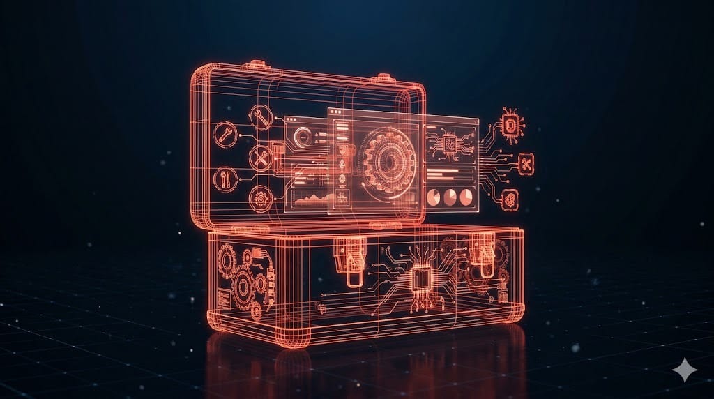 Caixa de ferramentas digital com telas holográficas mostrando dashboards de IA